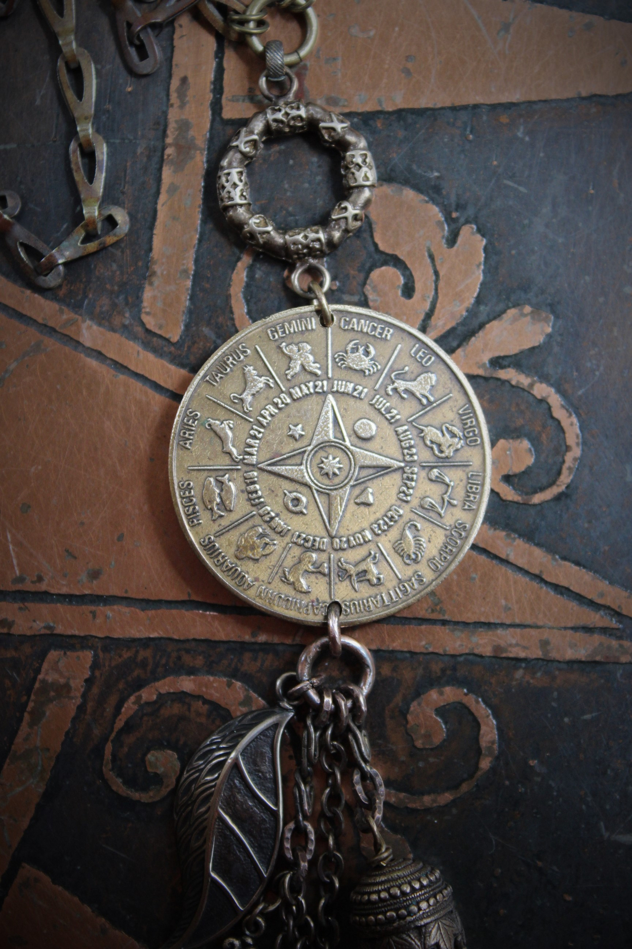 The Circle of Life Necklace w/Vintage 1950's Astrological & Spiritual Medal,Antique Clock Chain,Unique Chain Tassel+ More!