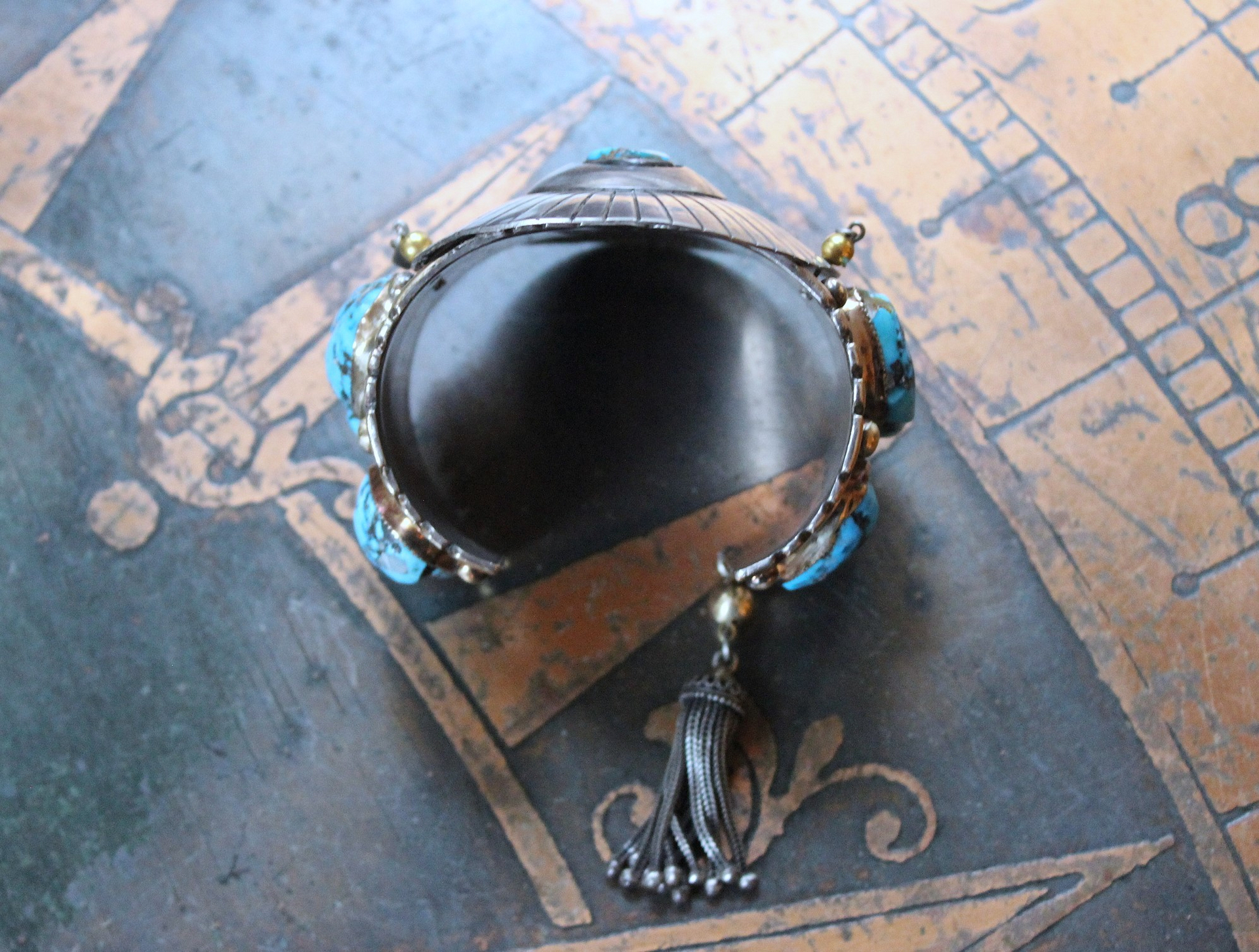 NEW! Gorgeous Sterling & Gold Bisbee Turquoise Signed Cuff Bracelet with Sterling Tassel & 14K Bead