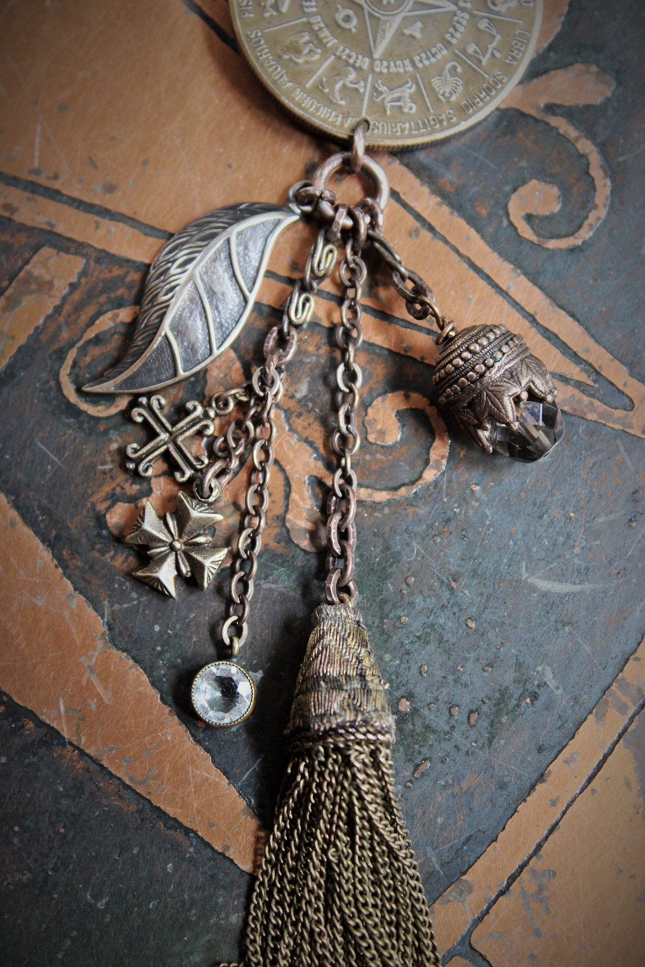 The Circle of Life Necklace w/Vintage 1950's Astrological & Spiritual Medal,Antique Clock Chain,Unique Chain Tassel+ More!