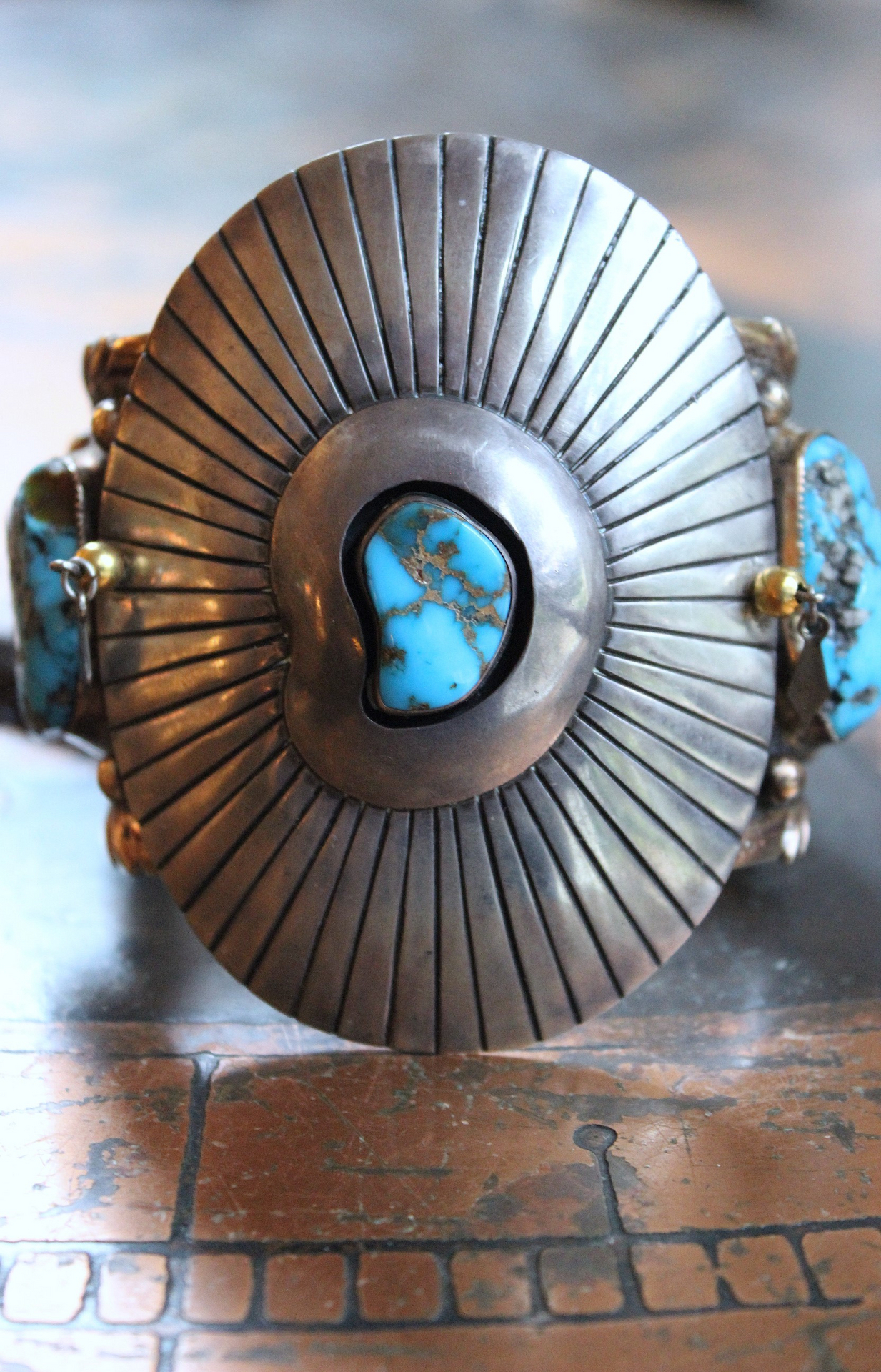 NEW! Gorgeous Sterling & Gold Bisbee Turquoise Signed Cuff Bracelet with Sterling Tassel & 14K Bead