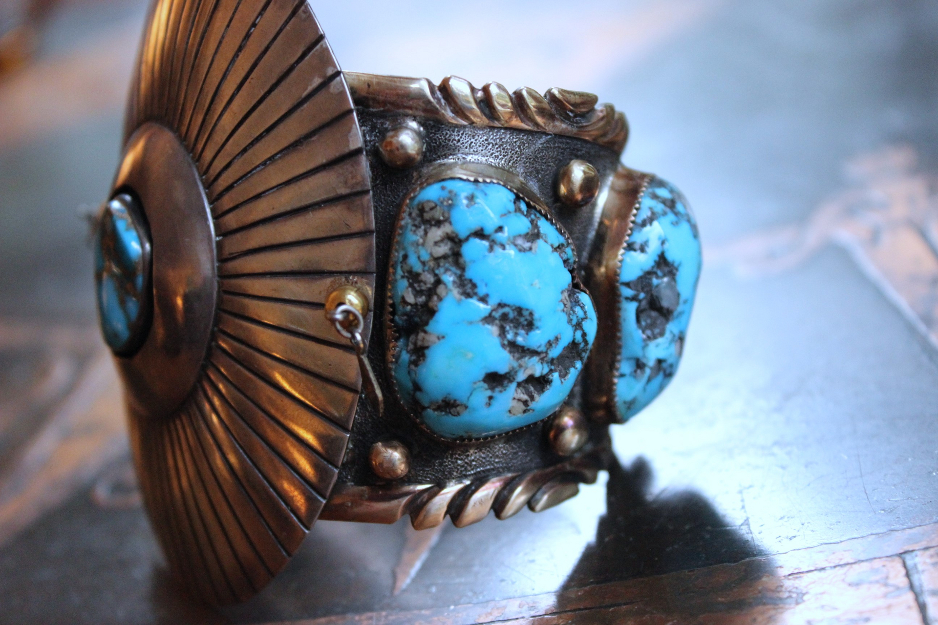 NEW! Gorgeous Sterling & Gold Bisbee Turquoise Signed Cuff Bracelet with Sterling Tassel & 14K Bead