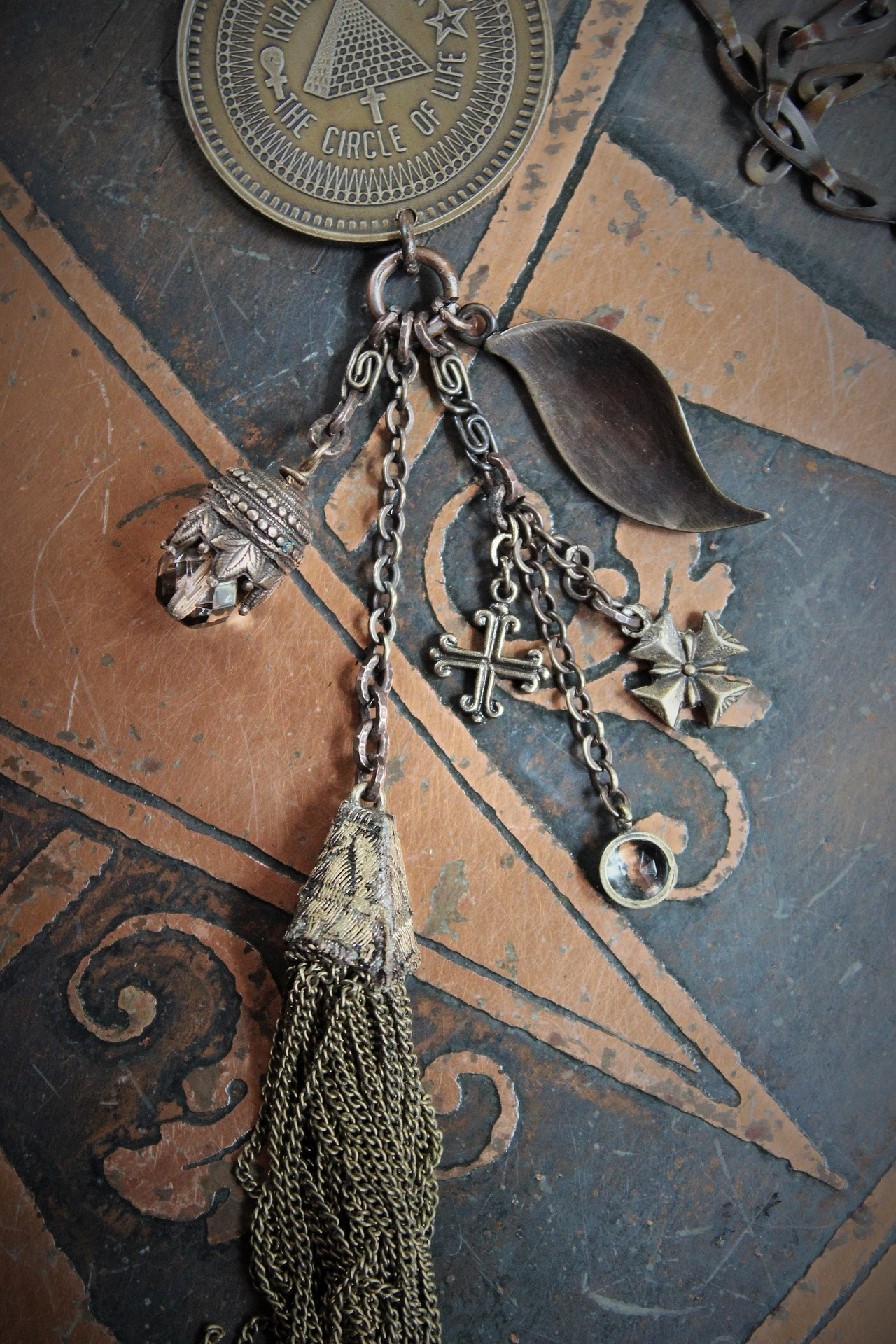 The Circle of Life Necklace w/Vintage 1950's Astrological & Spiritual Medal,Antique Clock Chain,Unique Chain Tassel+ More!