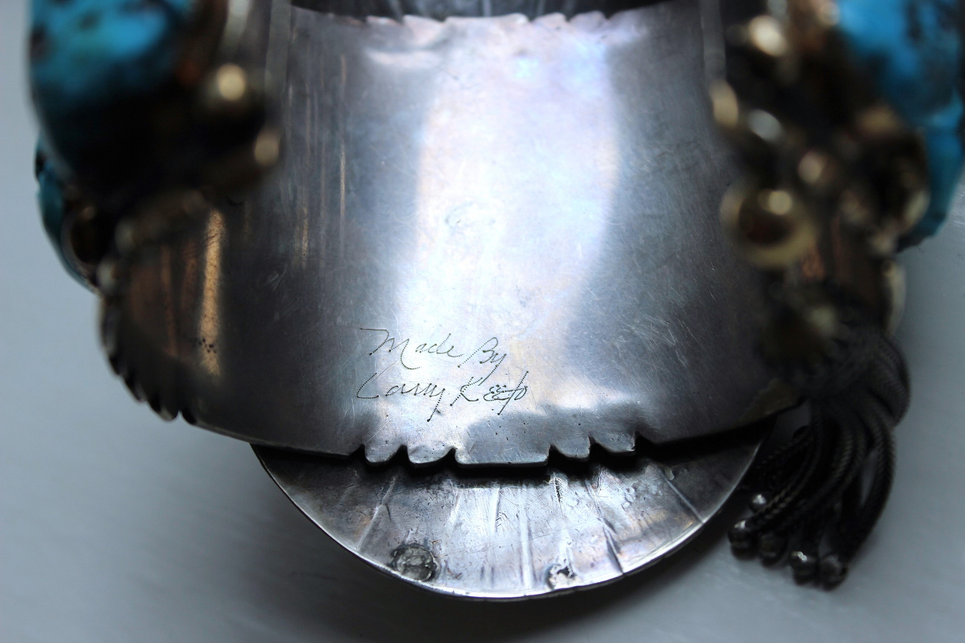 NEW! Gorgeous Sterling & Gold Bisbee Turquoise Signed Cuff Bracelet with Sterling Tassel & 14K Bead