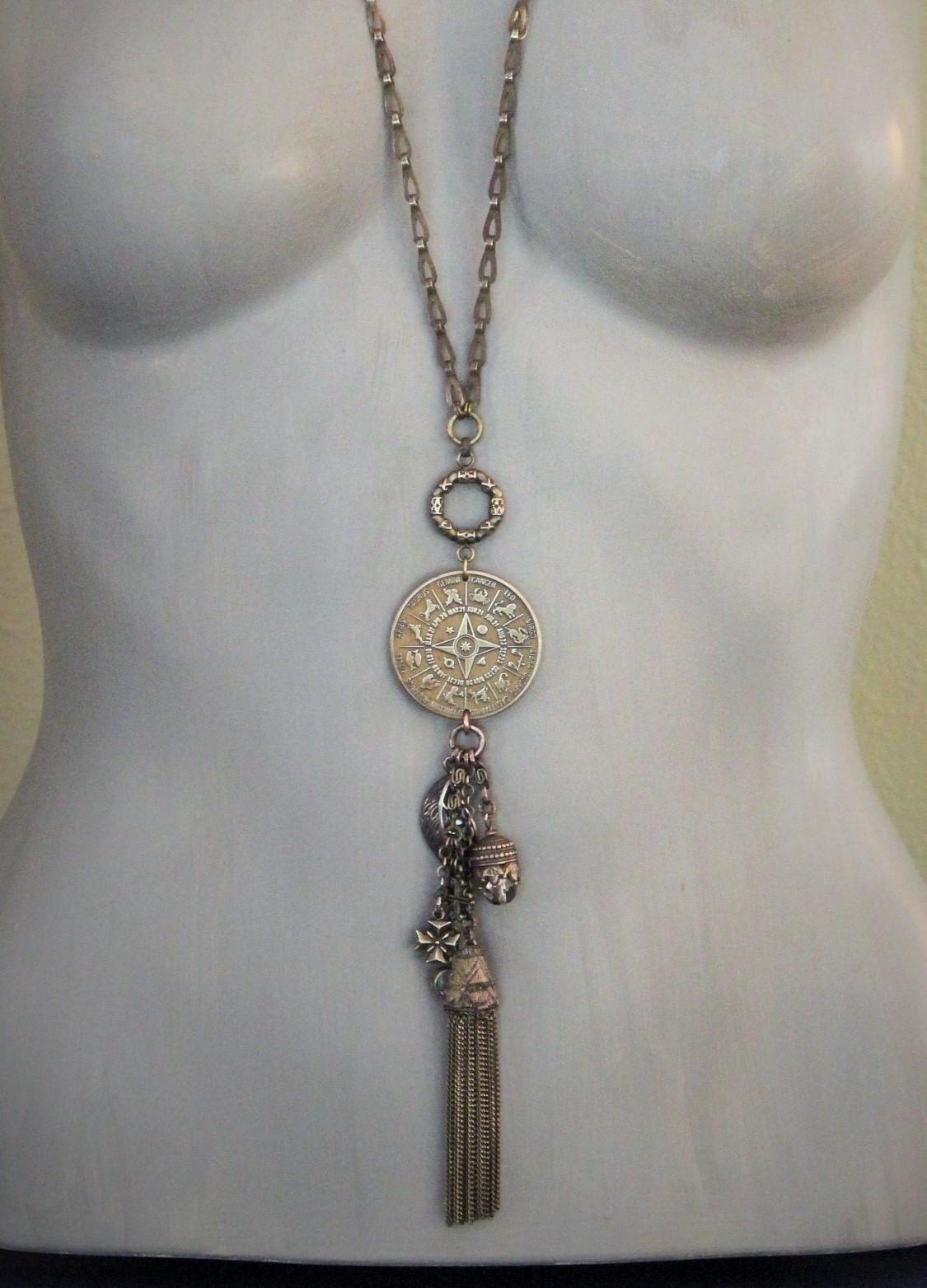 The Circle of Life Necklace w/Vintage 1950's Astrological & Spiritual Medal,Antique Clock Chain,Unique Chain Tassel+ More!