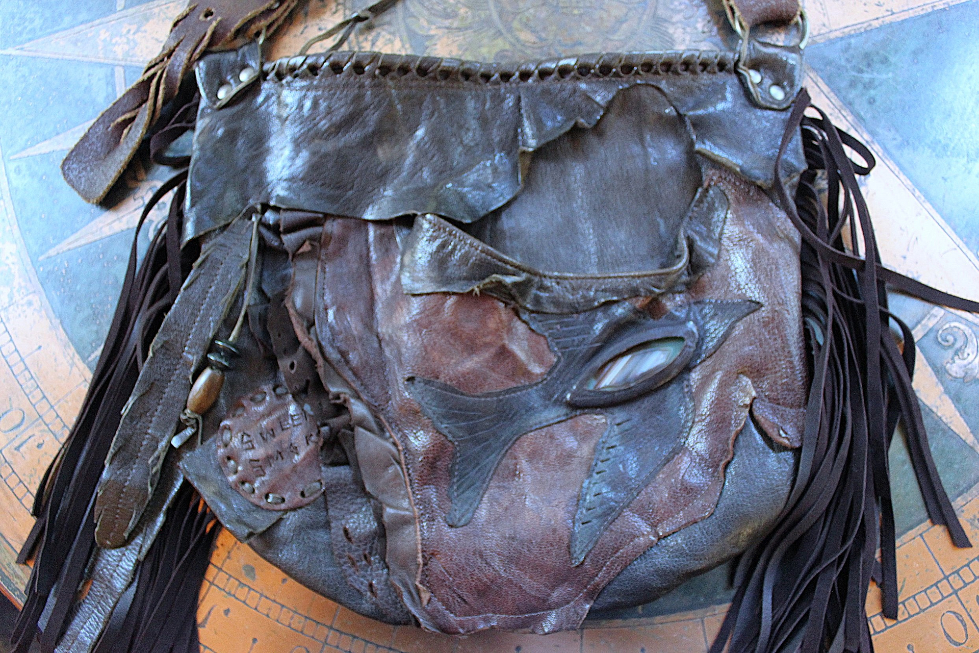 NEW! Rare Vintage Free Bird Sweet Smoke Leather Bag with Polished Agate, Fringe and Front Pocket