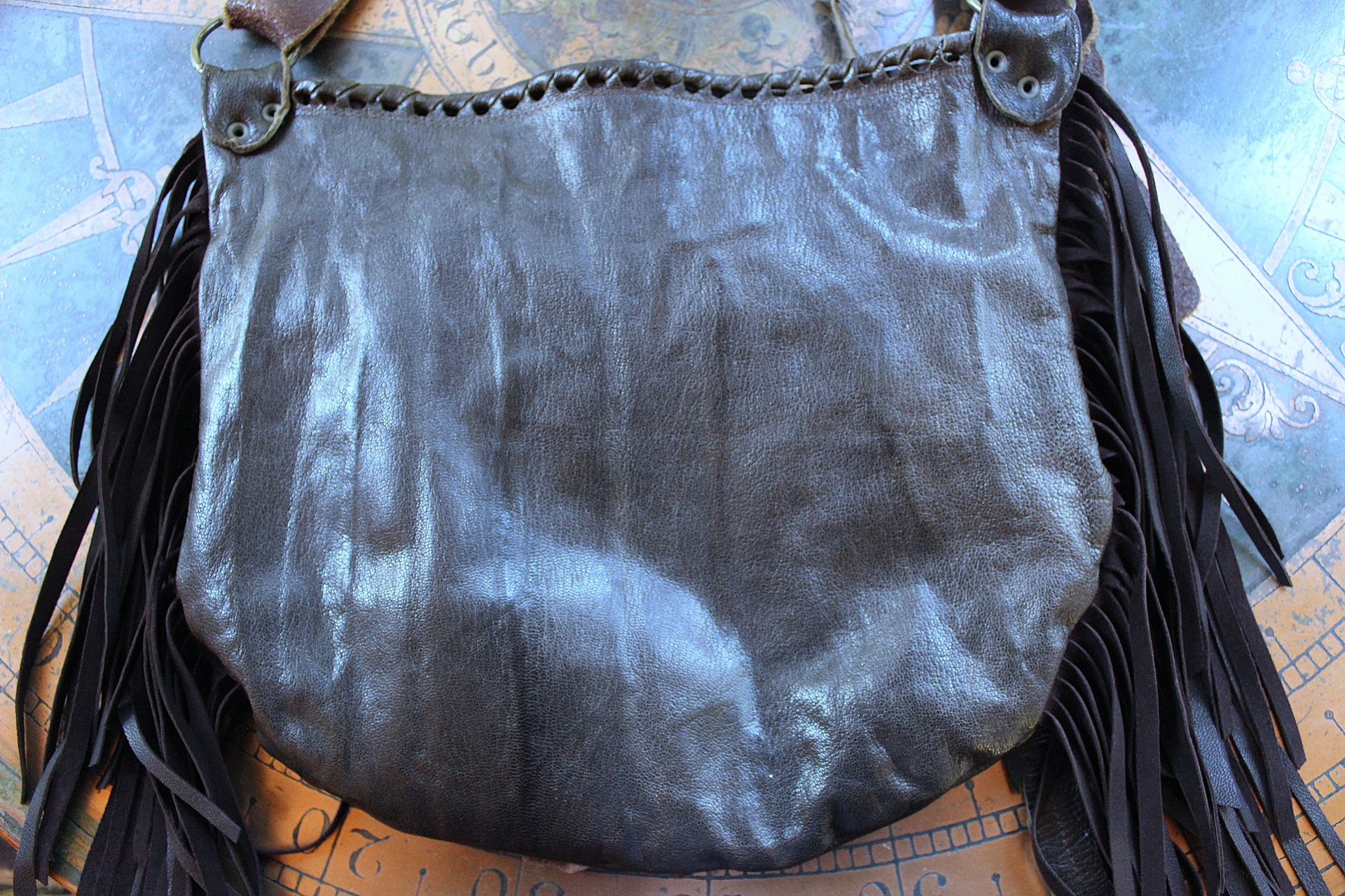 NEW! Rare Vintage Free Bird Sweet Smoke Leather Bag with Polished Agate, Fringe and Front Pocket