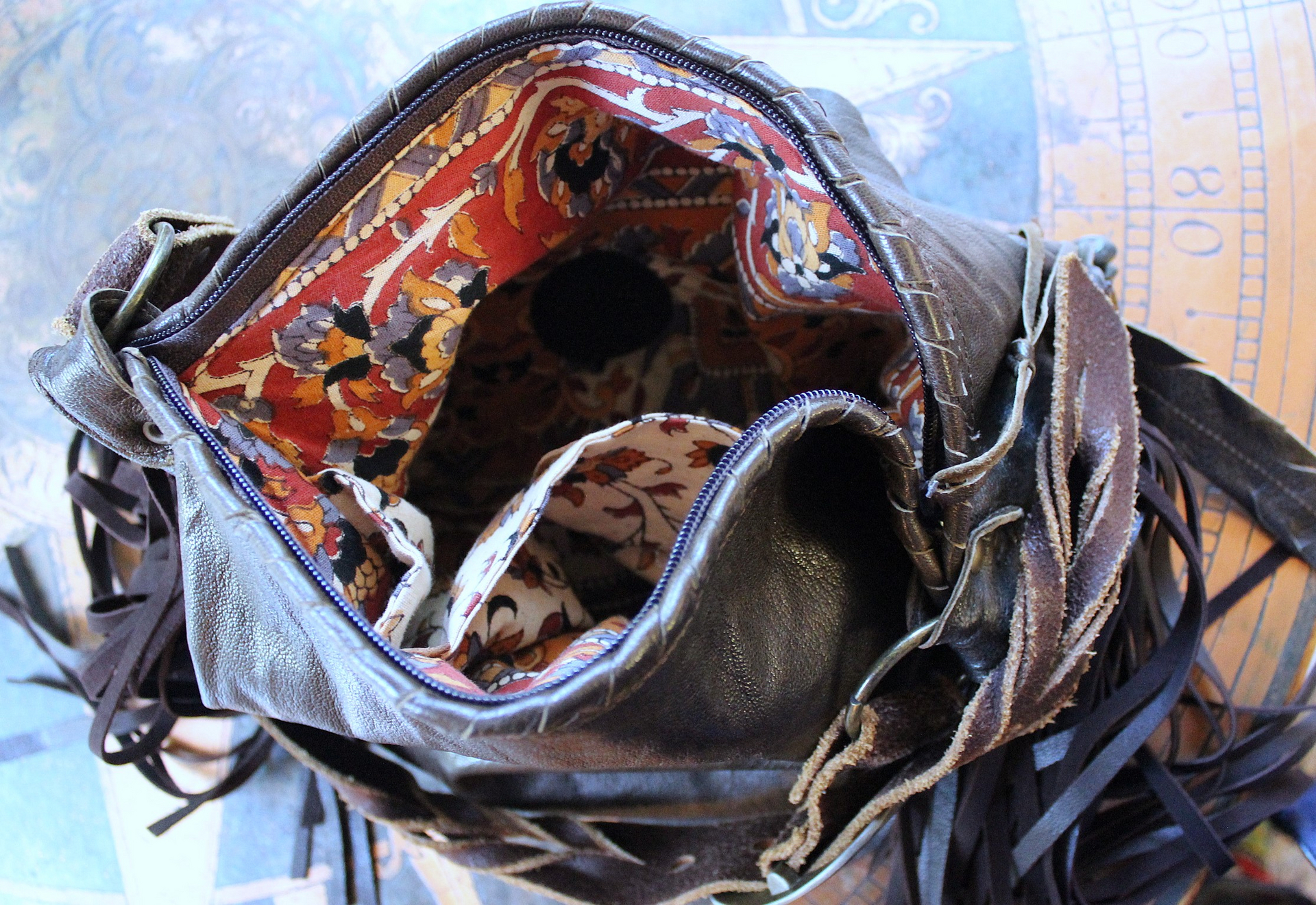 NEW! Rare Vintage Free Bird Sweet Smoke Leather Bag with Polished Agate, Fringe and Front Pocket