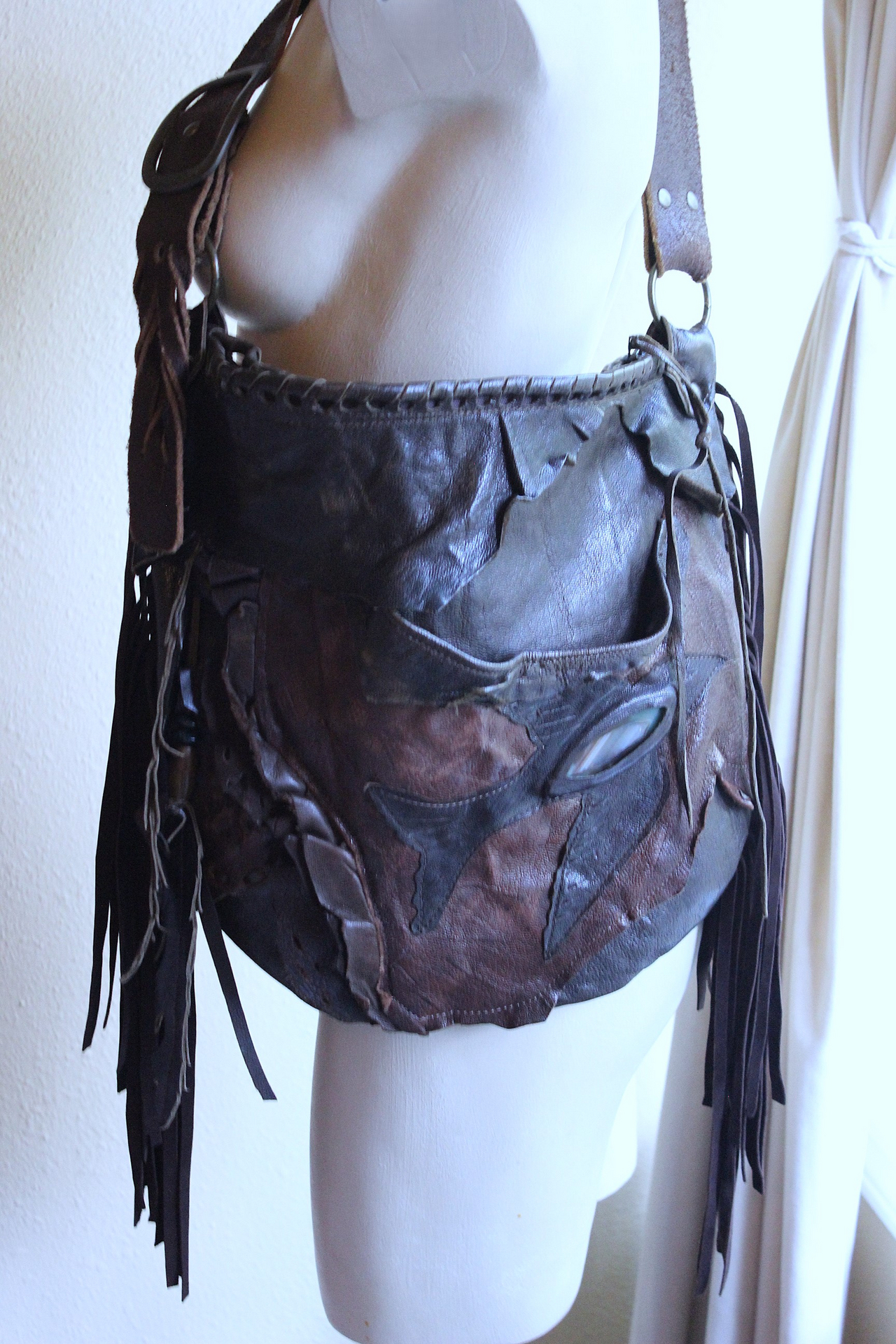 NEW! Rare Vintage Free Bird Sweet Smoke Leather Bag with Polished Agate, Fringe and Front Pocket