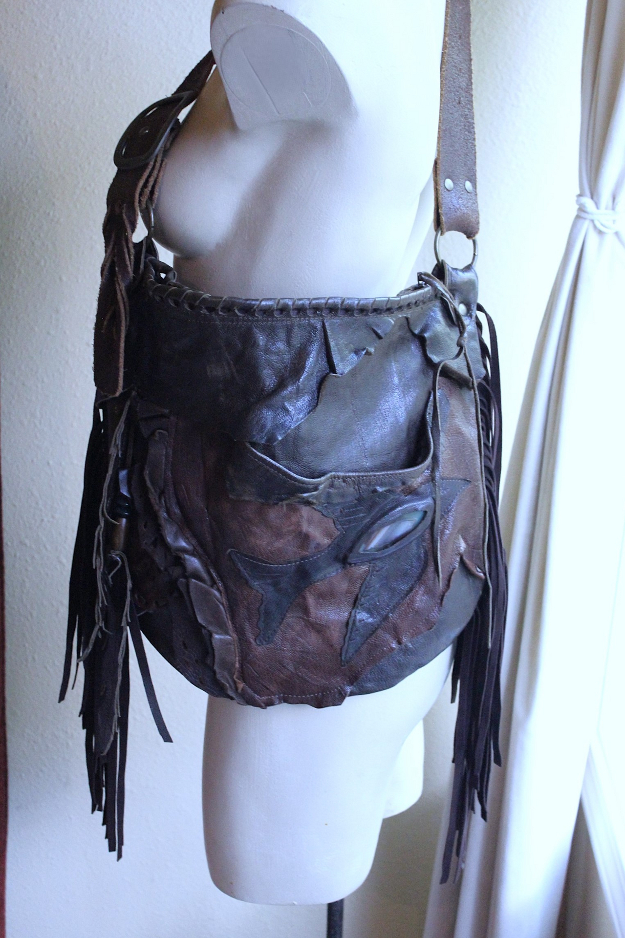 NEW! Rare Vintage Free Bird Sweet Smoke Leather Bag with Polished Agate, Fringe and Front Pocket