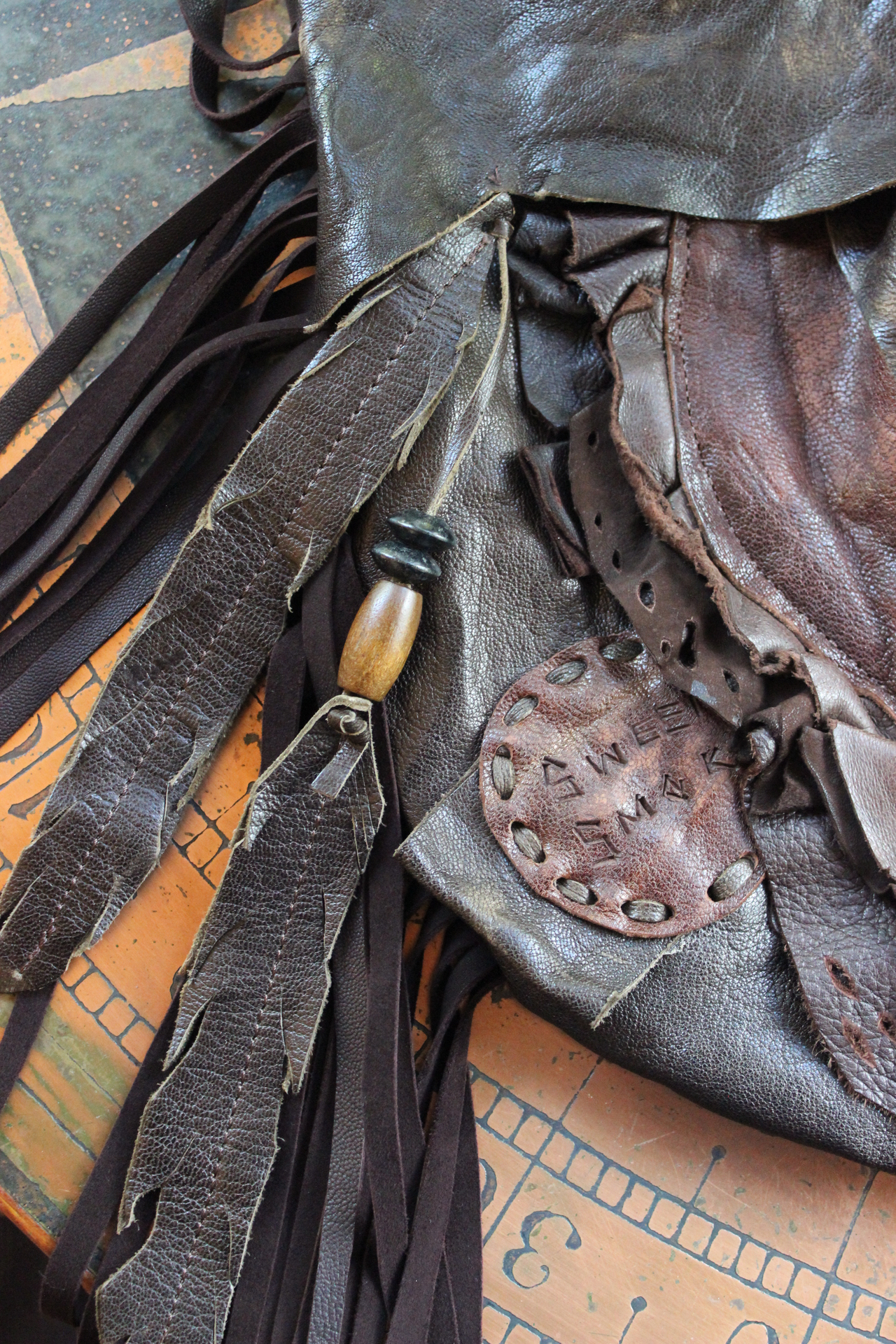NEW! Rare Vintage Free Bird Sweet Smoke Leather Bag with Polished Agate, Fringe and Front Pocket