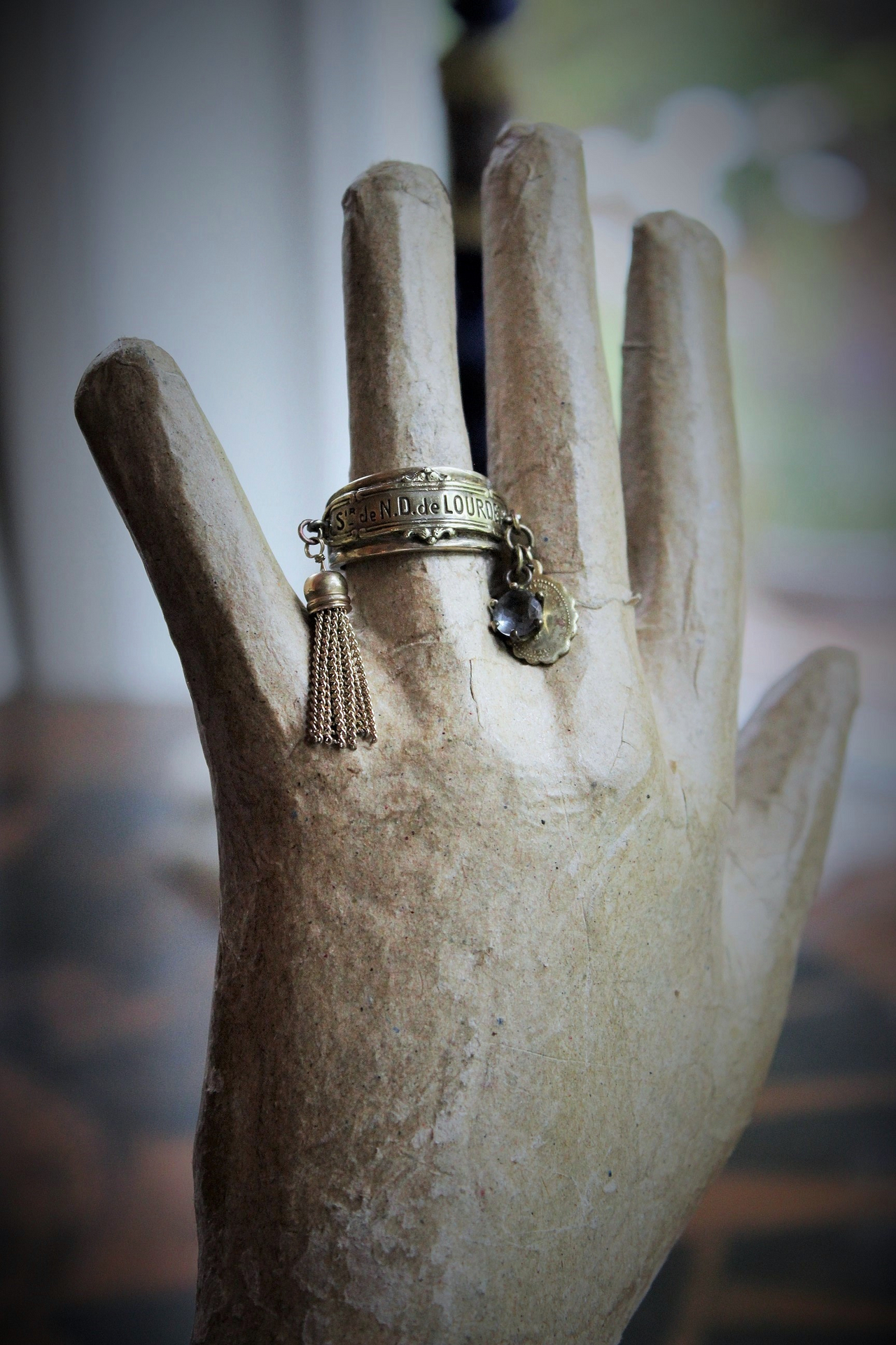 Our Lady Ring w/Antique French Souvenir de Notre Dame de Lourdes Plaque,10K Gold Band,Tiny Antique Gilt Marian Medal,Antique Tassel & Prong Set Crystal