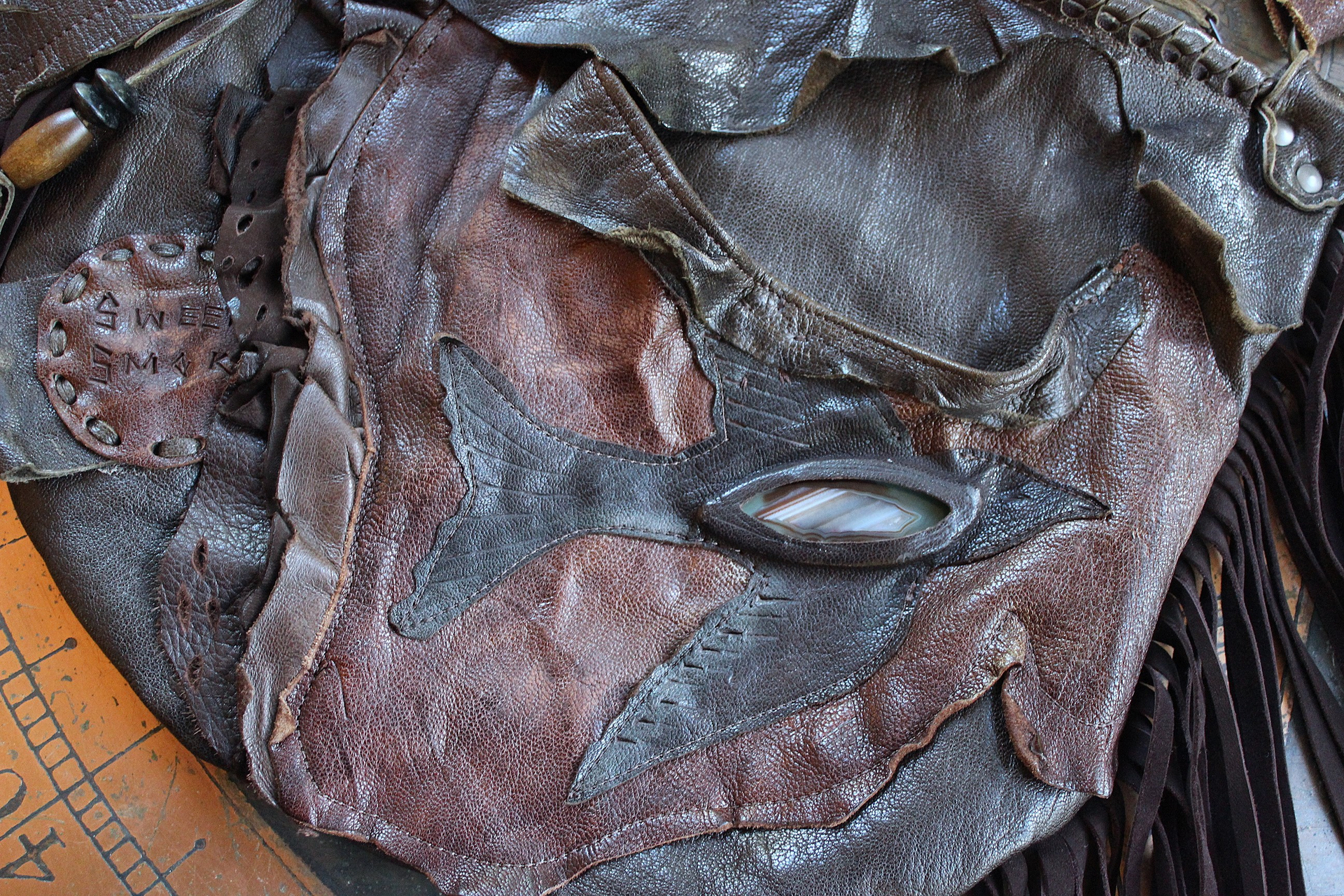 NEW! Rare Vintage Free Bird Sweet Smoke Leather Bag with Polished Agate, Fringe and Front Pocket