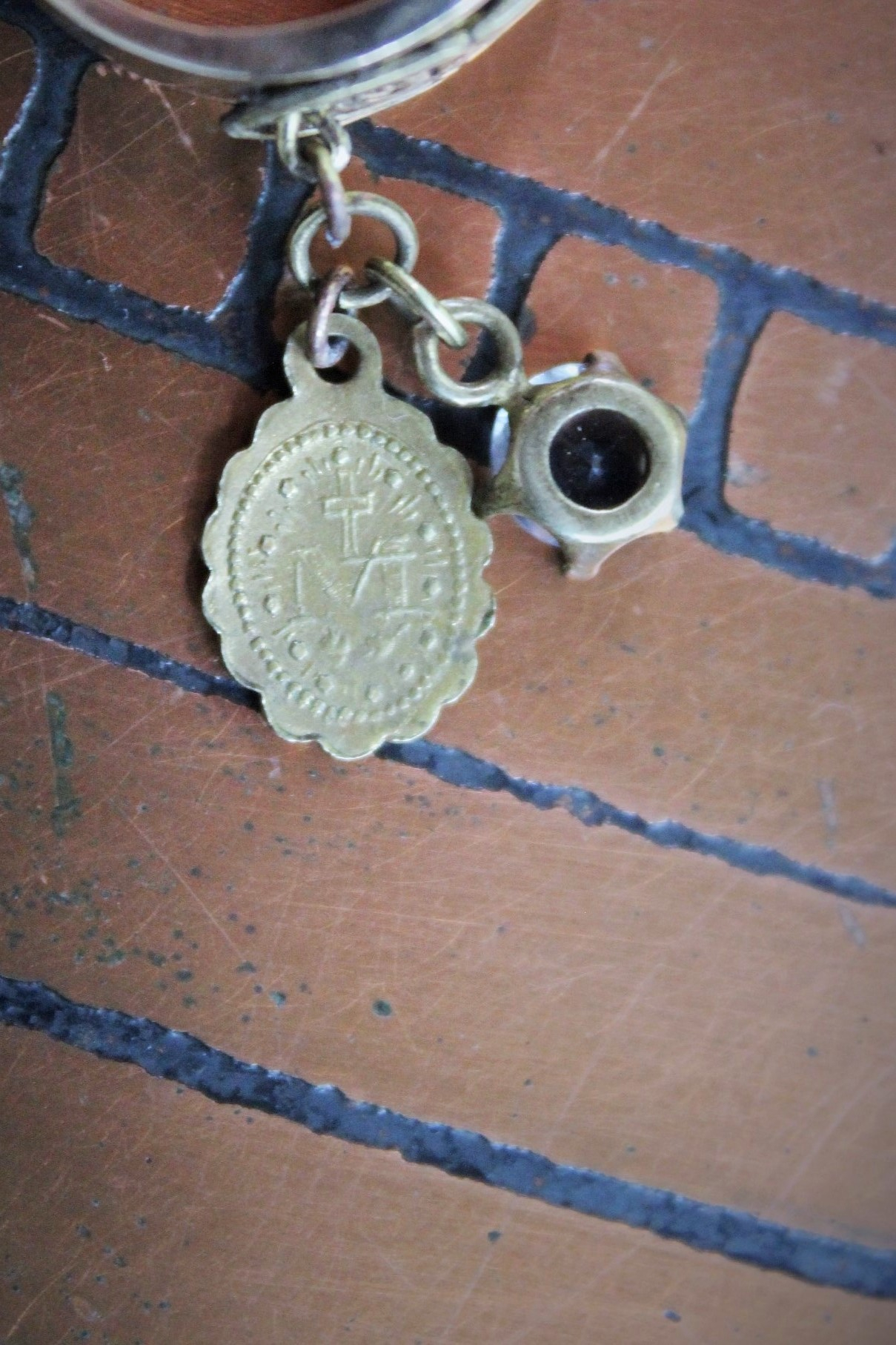 Our Lady Ring w/Antique French Souvenir de Notre Dame de Lourdes Plaque,10K Gold Band,Tiny Antique Gilt Marian Medal,Antique Tassel & Prong Set Crystal