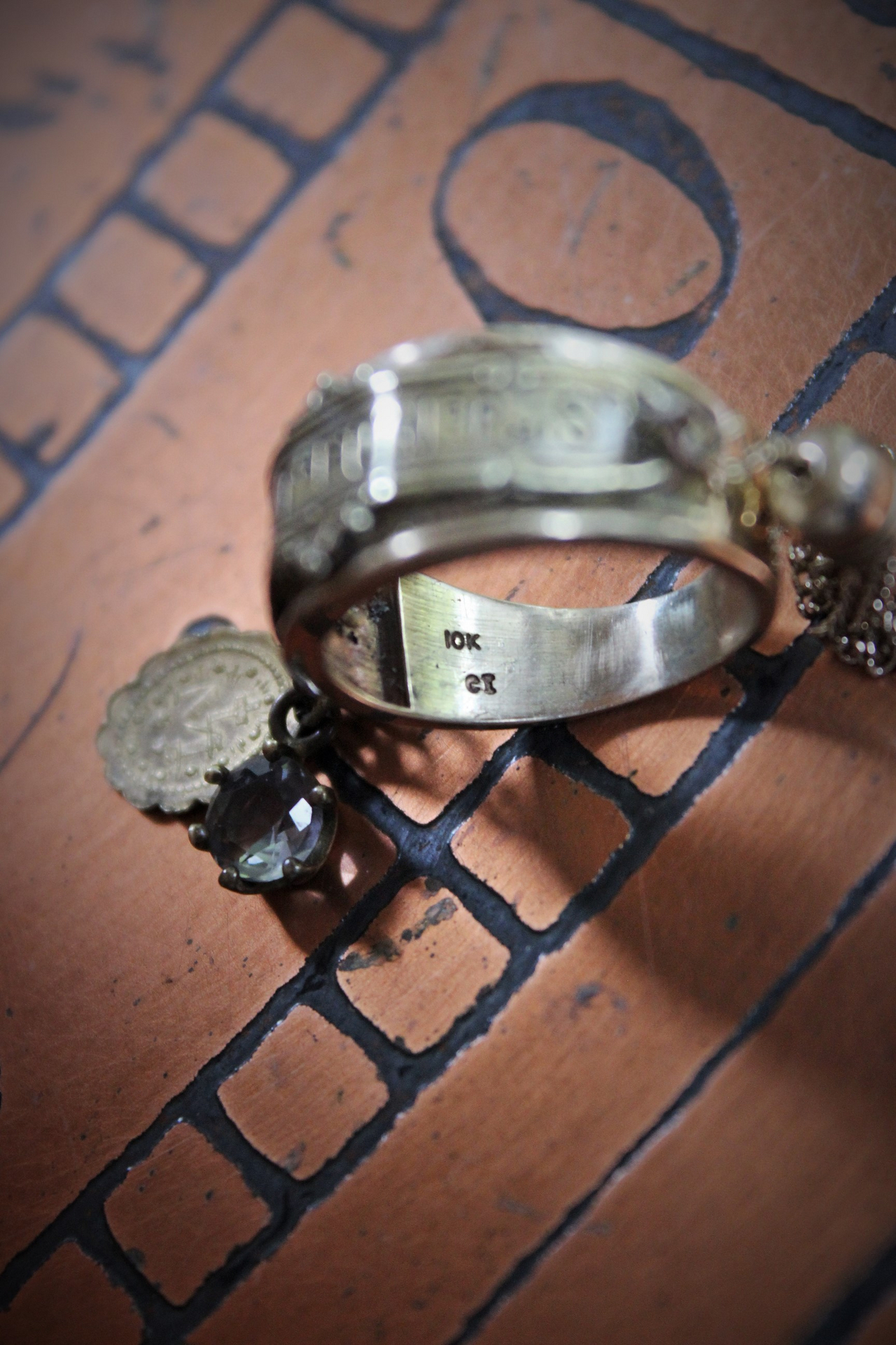 Our Lady Ring w/Antique French Souvenir de Notre Dame de Lourdes Plaque,10K Gold Band,Tiny Antique Gilt Marian Medal,Antique Tassel & Prong Set Crystal