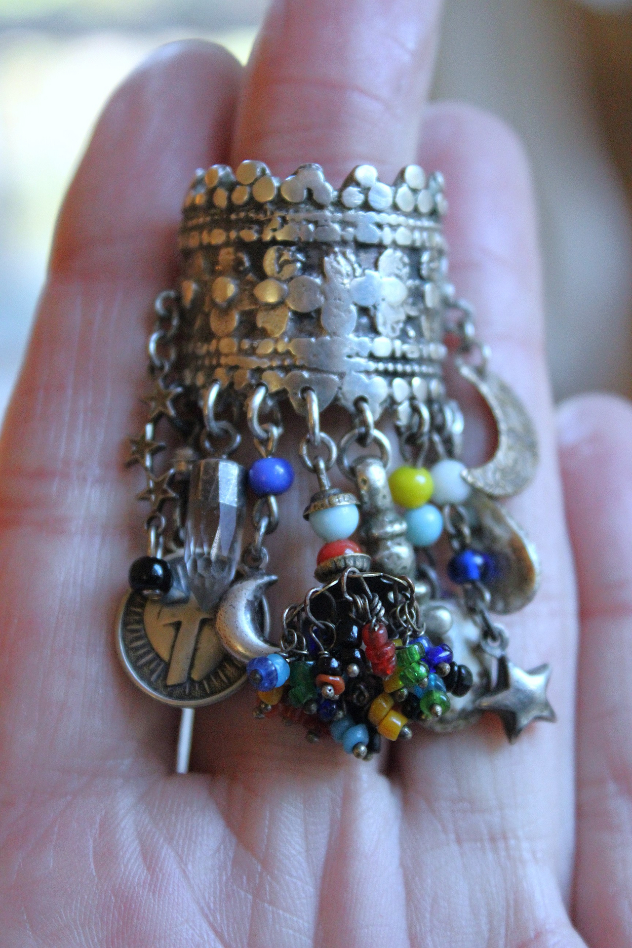 NEW! Be Like that to Me Ring with Antique Kuchi Gypsy Finding,Sterling Band,Sterling Moon,Star,Tiny Clear Rock Crystal Point & More!