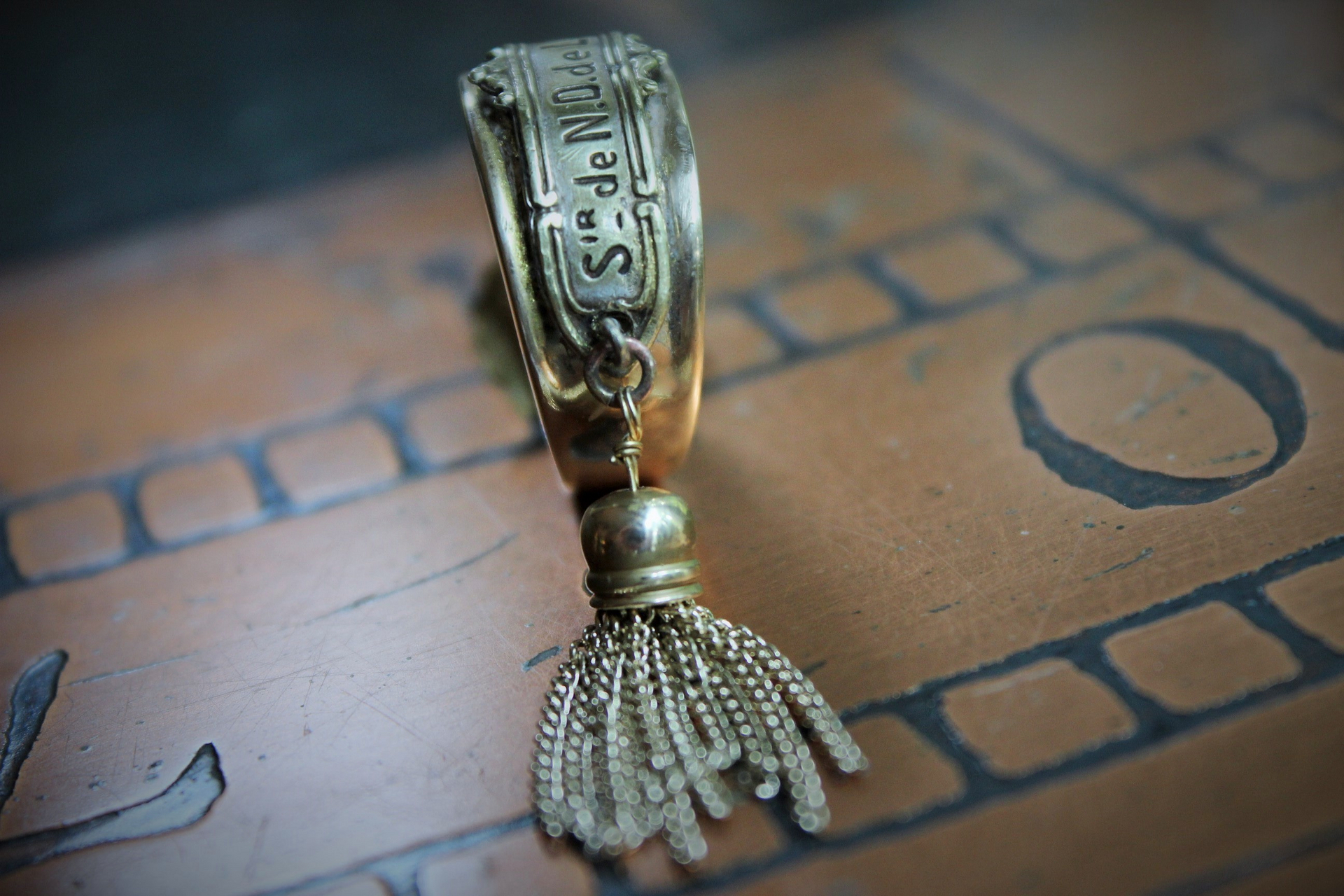 Our Lady Ring w/Antique French Souvenir de Notre Dame de Lourdes Plaque,10K Gold Band,Tiny Antique Gilt Marian Medal,Antique Tassel & Prong Set Crystal