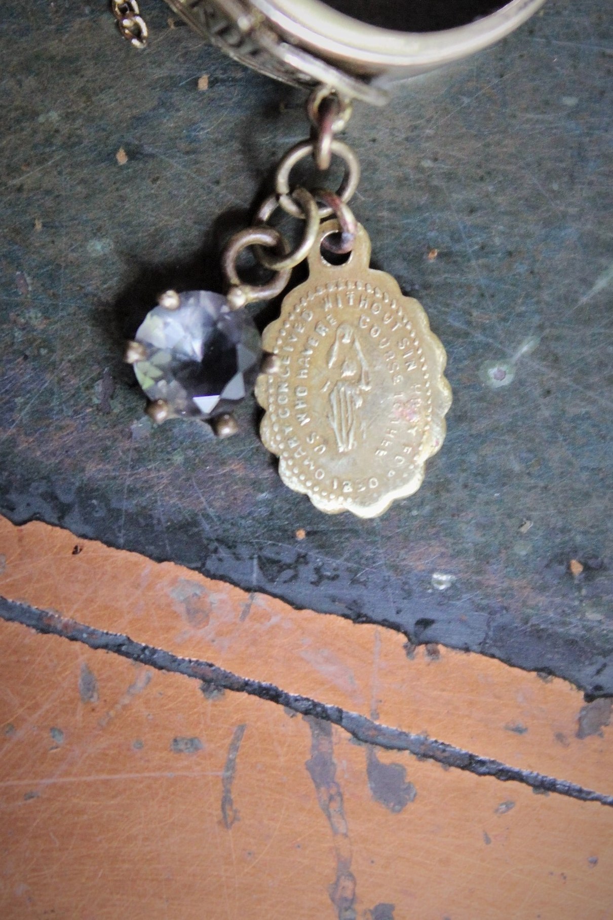 Our Lady Ring w/Antique French Souvenir de Notre Dame de Lourdes Plaque,10K Gold Band,Tiny Antique Gilt Marian Medal,Antique Tassel & Prong Set Crystal