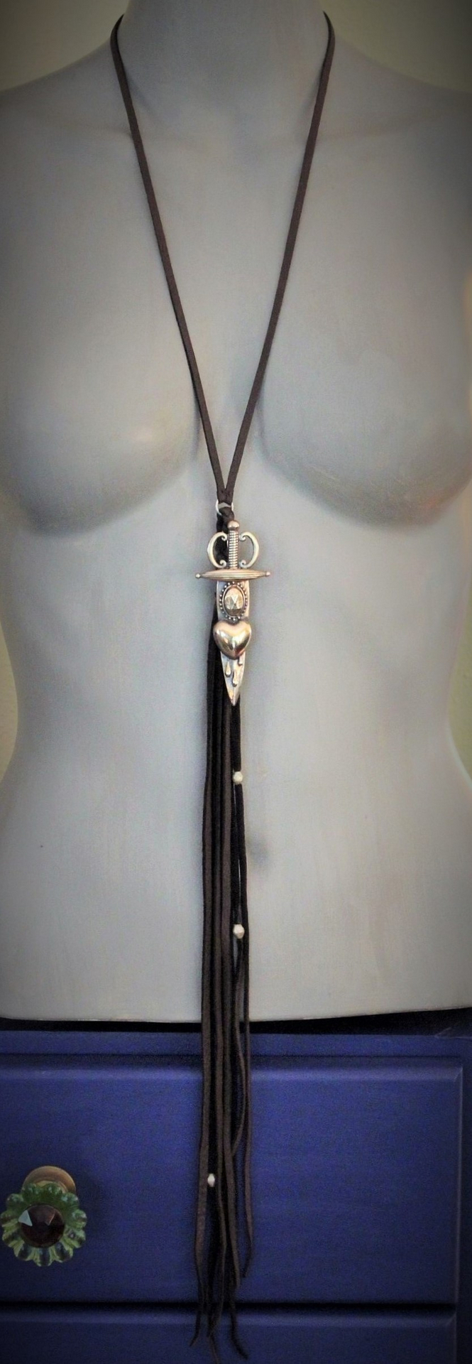 So Many Pains Necklace w/Amazing Bronze Pierced Heart and Sword Pendant,Leather Tassel, Leather Ties
