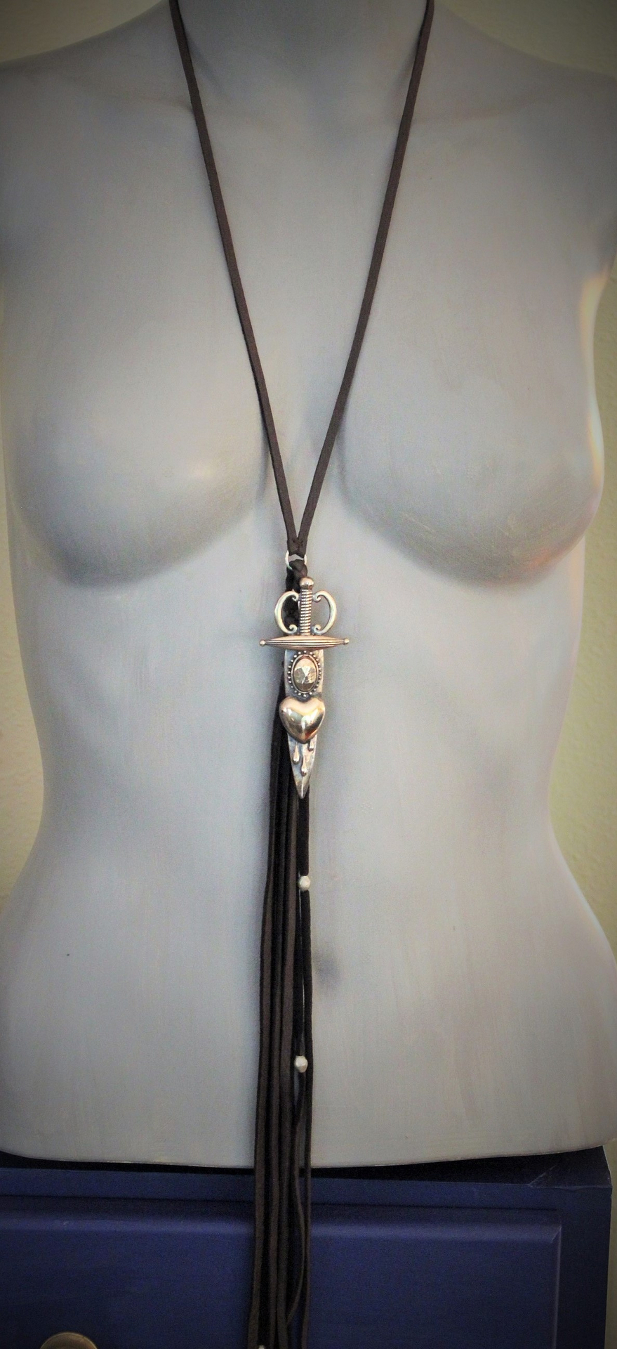 So Many Pains Necklace w/Amazing Bronze Pierced Heart and Sword Pendant,Leather Tassel, Leather Ties