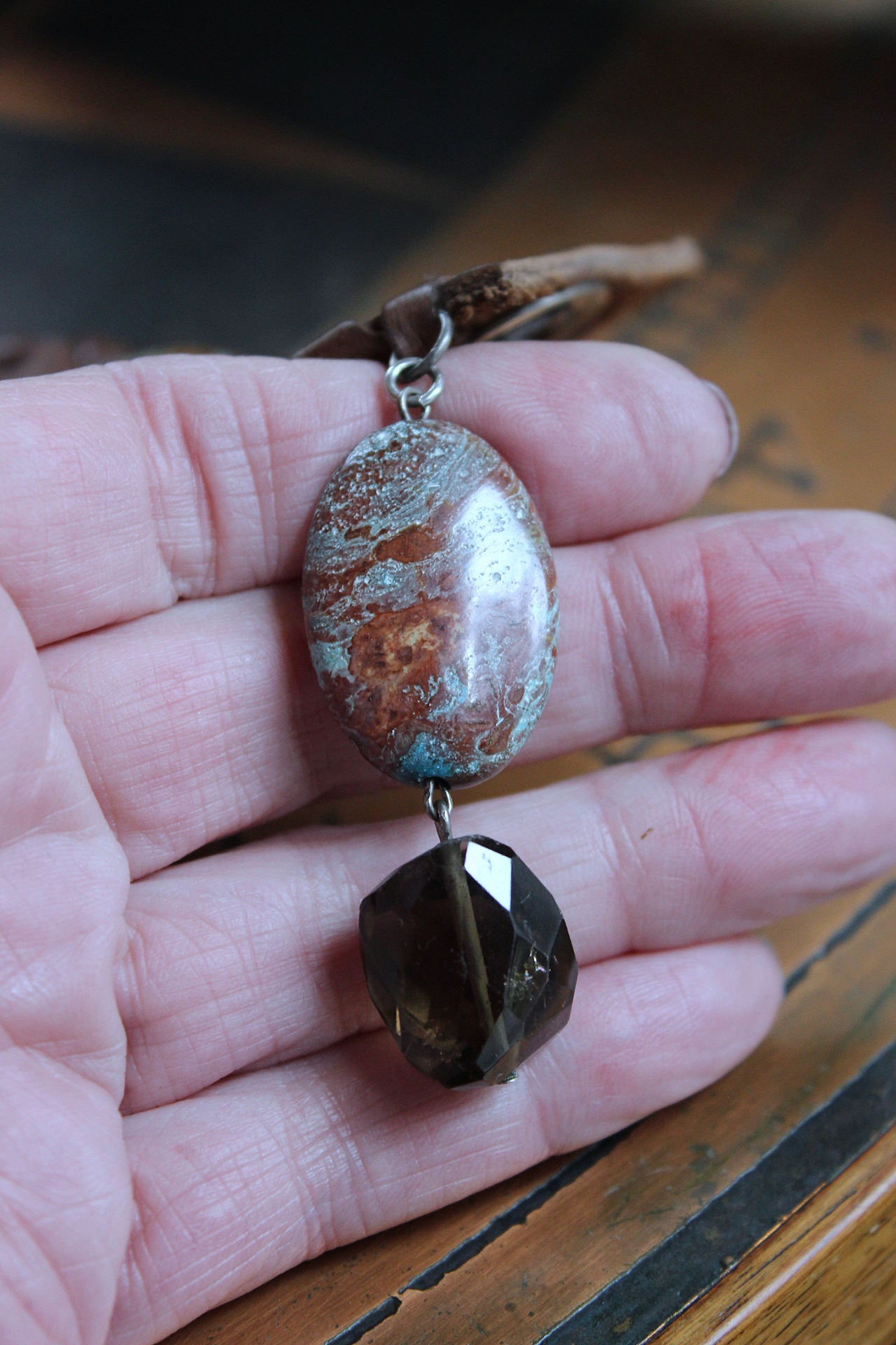 NEW! Free Form Smoky Quartz Cuff Bracelet with Jasperized Petrified Wood Beads, and Faceted Smoky Quartz Gemstone