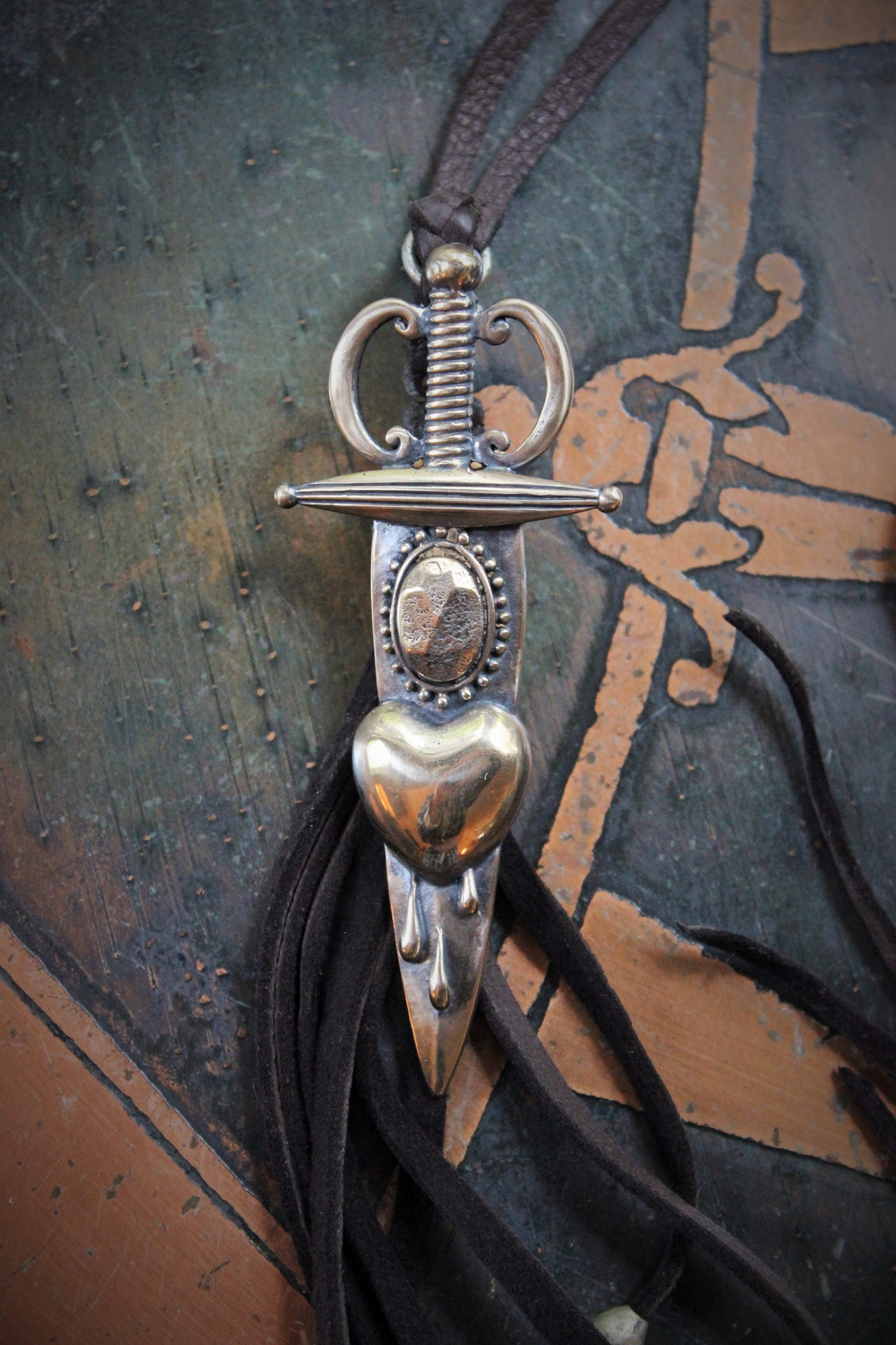 So Many Pains Necklace w/Amazing Bronze Pierced Heart and Sword Pendant,Leather Tassel, Leather Ties
