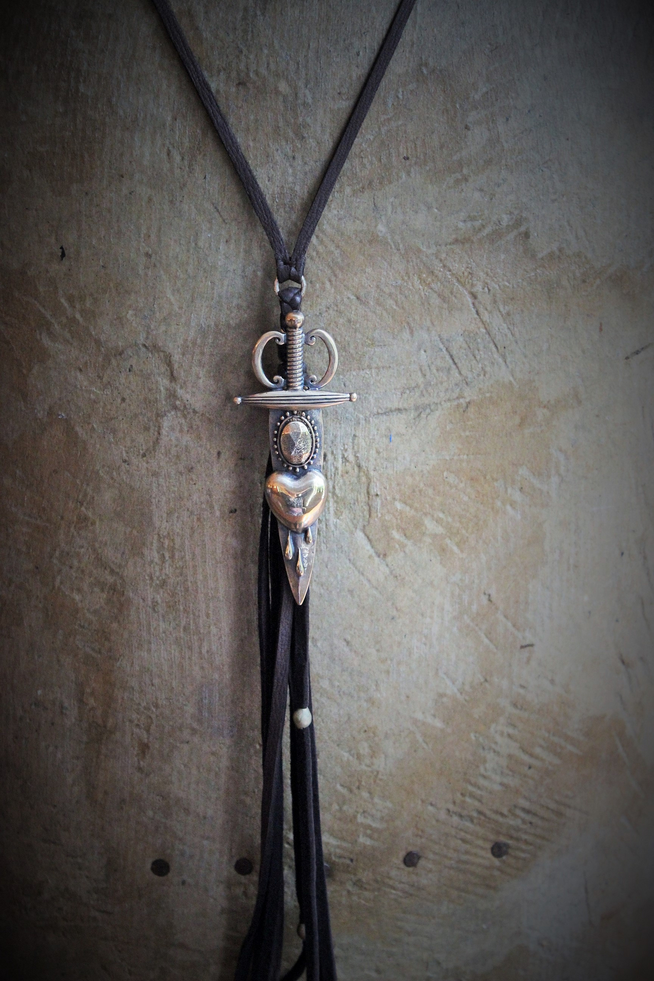 So Many Pains Necklace w/Amazing Bronze Pierced Heart and Sword Pendant,Leather Tassel, Leather Ties