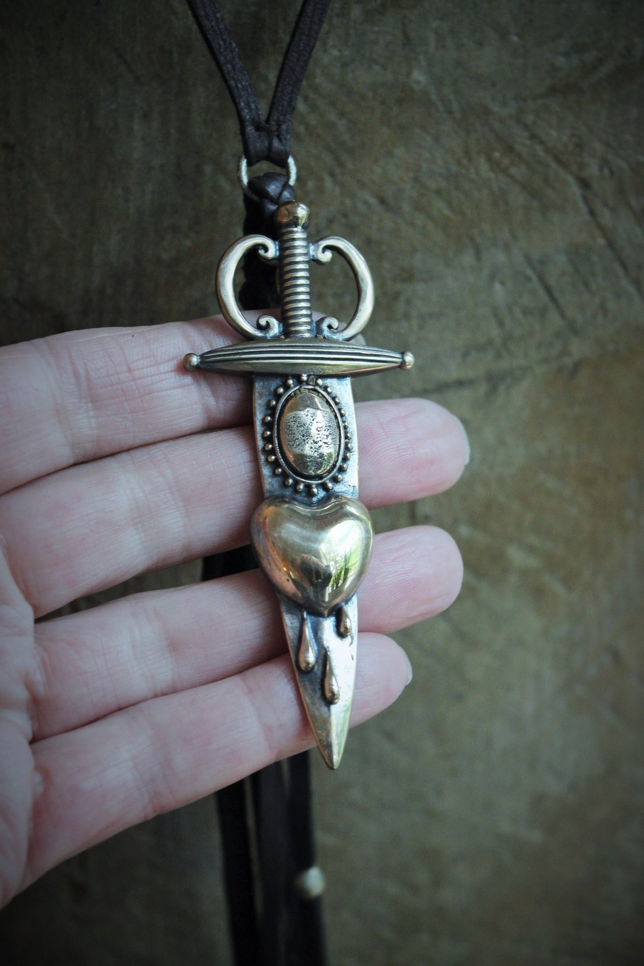 So Many Pains Necklace w/Amazing Bronze Pierced Heart and Sword Pendant,Leather Tassel, Leather Ties