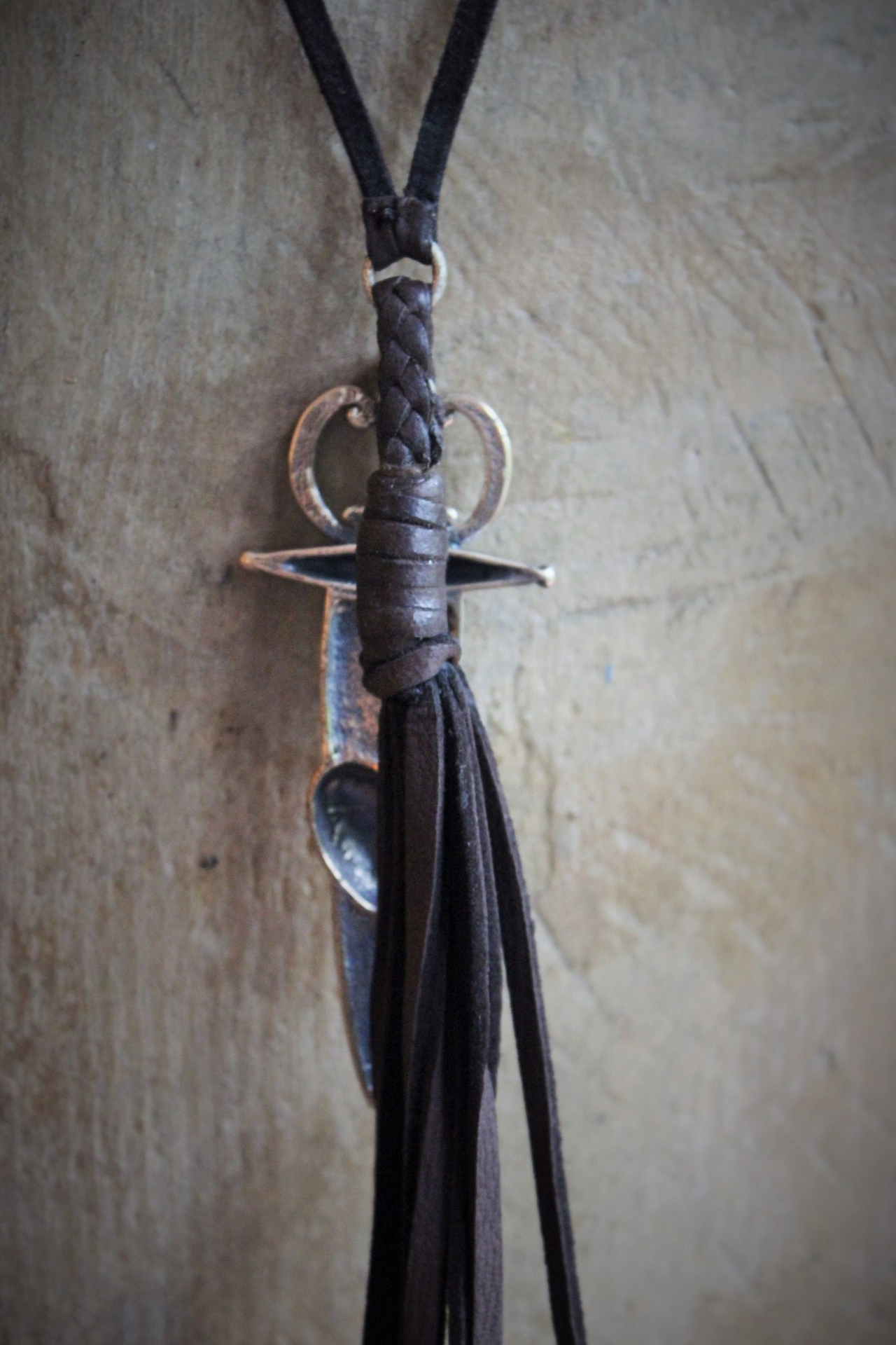 So Many Pains Necklace w/Amazing Bronze Pierced Heart and Sword Pendant,Leather Tassel, Leather Ties