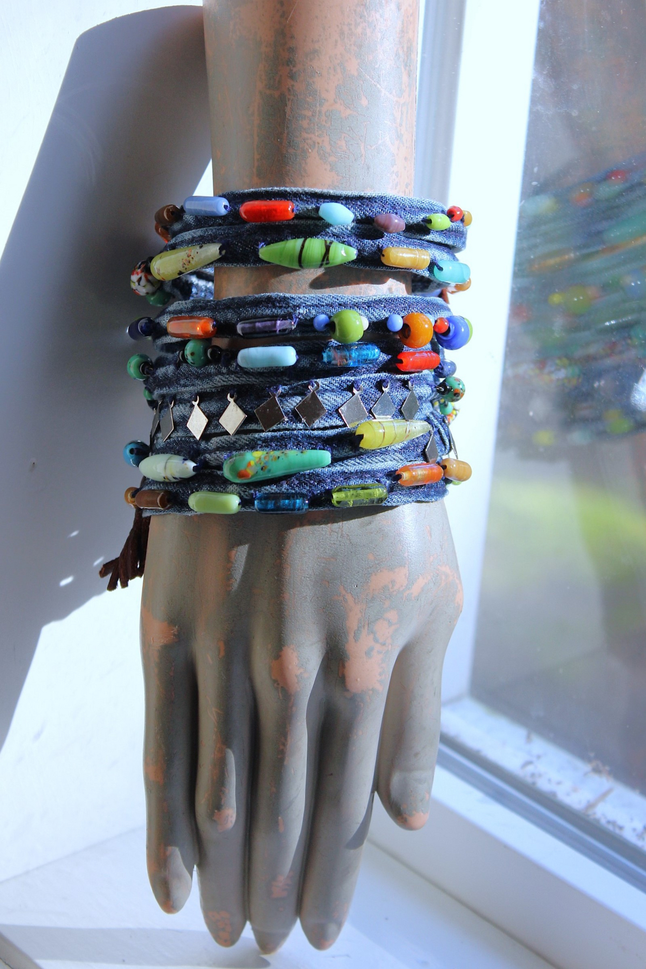 NEW! 7 Coil Antique Glass Mardi Gras Bead and Silver Findings Bracelet