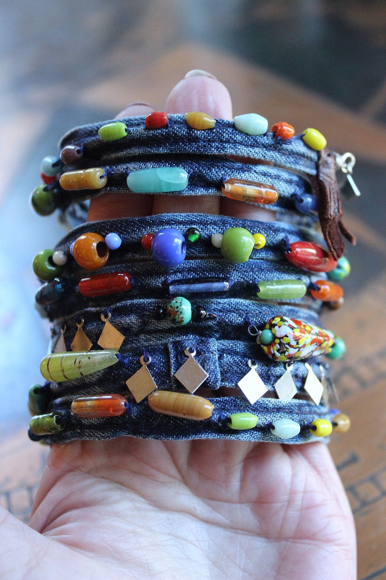 NEW! 7 Coil Antique Glass Mardi Gras Bead and Silver Findings Bracelet