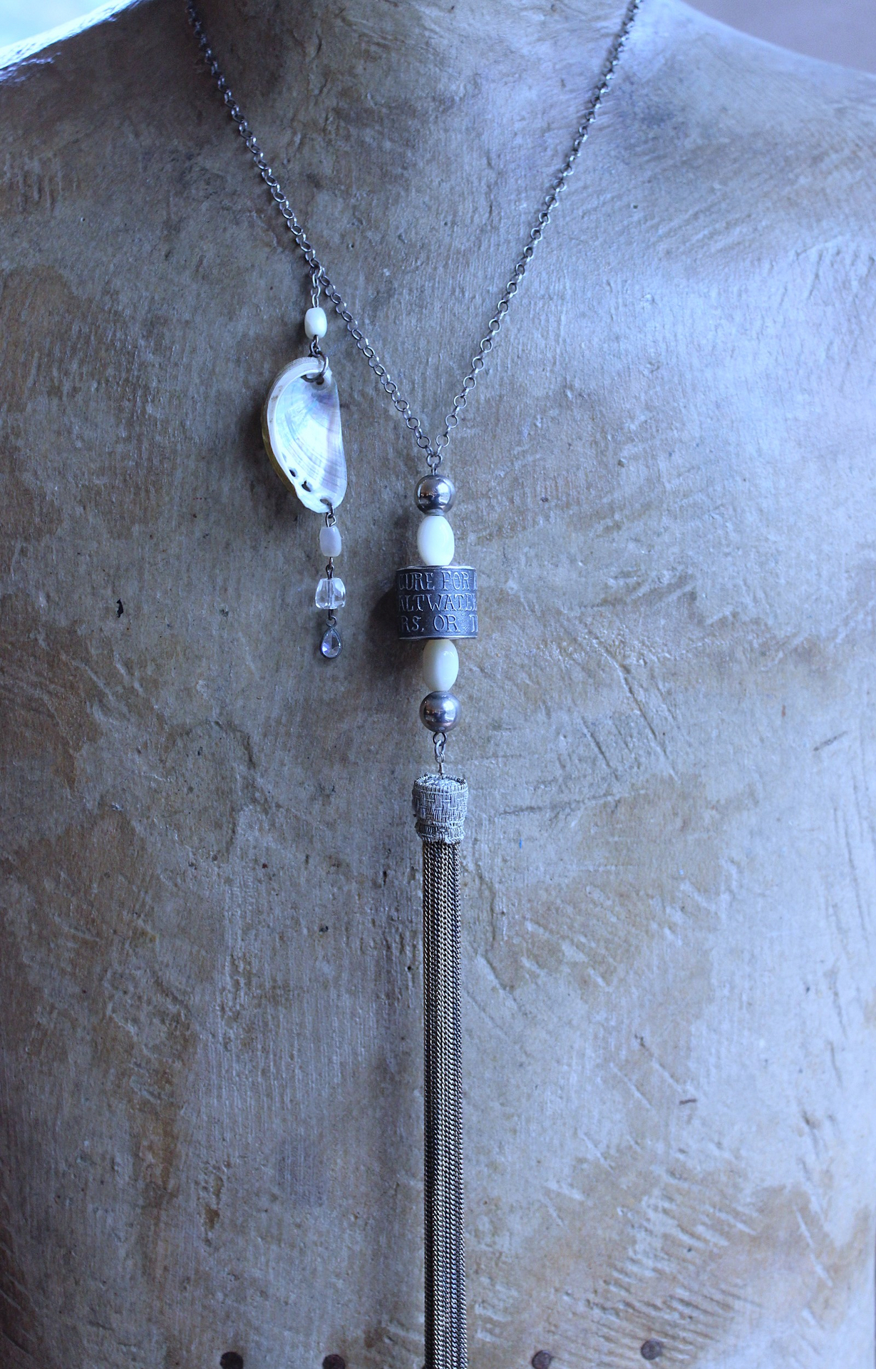 NEW! The Cure for Anything Necklace with Rare Anne Choi Sterling Bead, Multi Chain Tassel, Faceted White Topaz Tear Drop & Tiny Abalone Shell