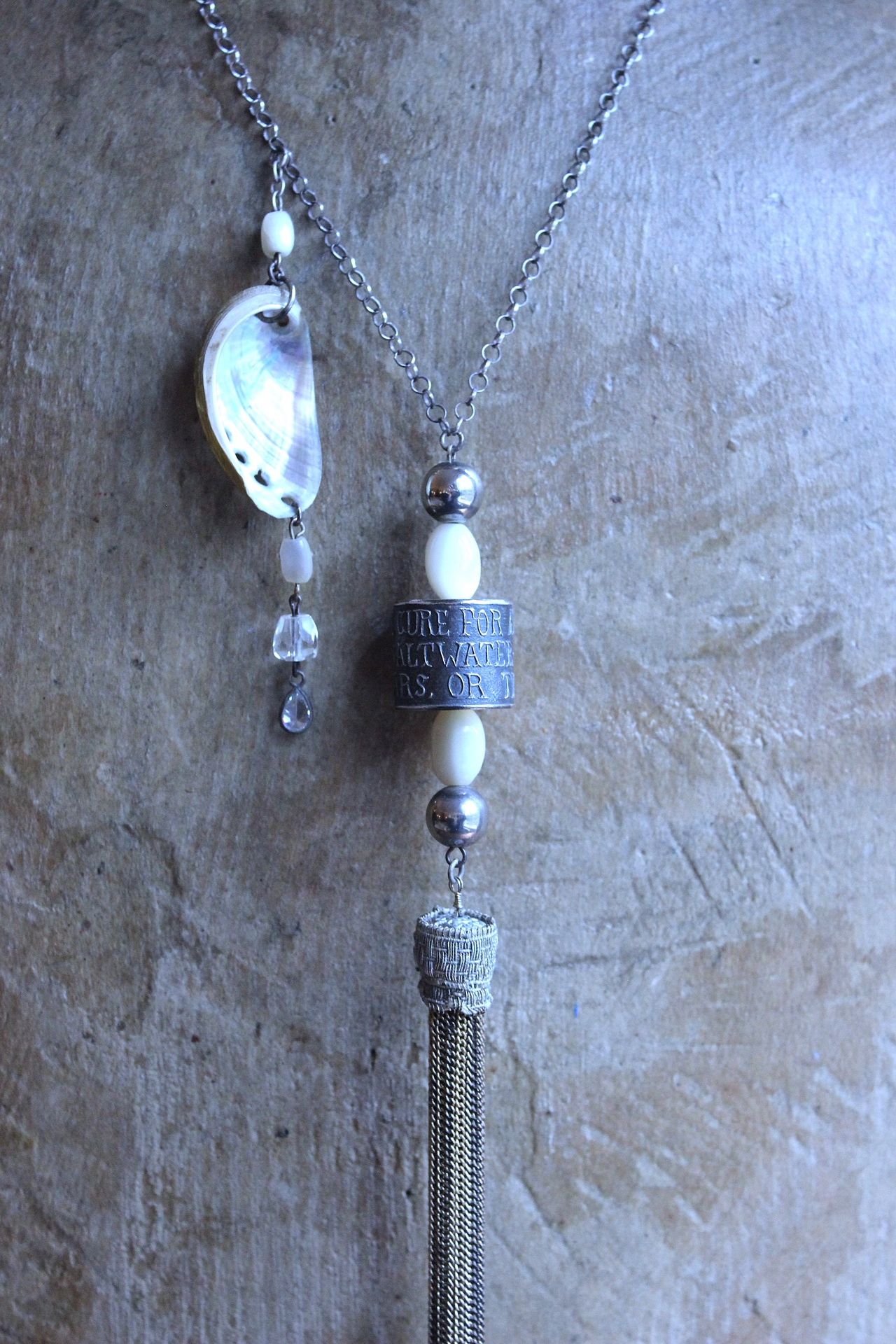 NEW! The Cure for Anything Necklace with Rare Anne Choi Sterling Bead, Multi Chain Tassel, Faceted White Topaz Tear Drop & Tiny Abalone Shell