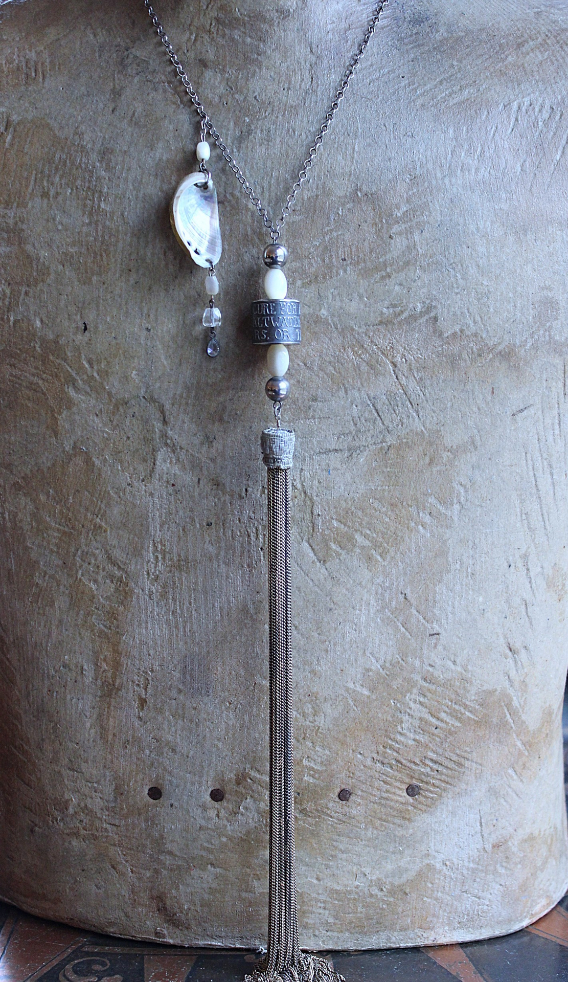 NEW! The Cure for Anything Necklace with Rare Anne Choi Sterling Bead, Multi Chain Tassel, Faceted White Topaz Tear Drop & Tiny Abalone Shell