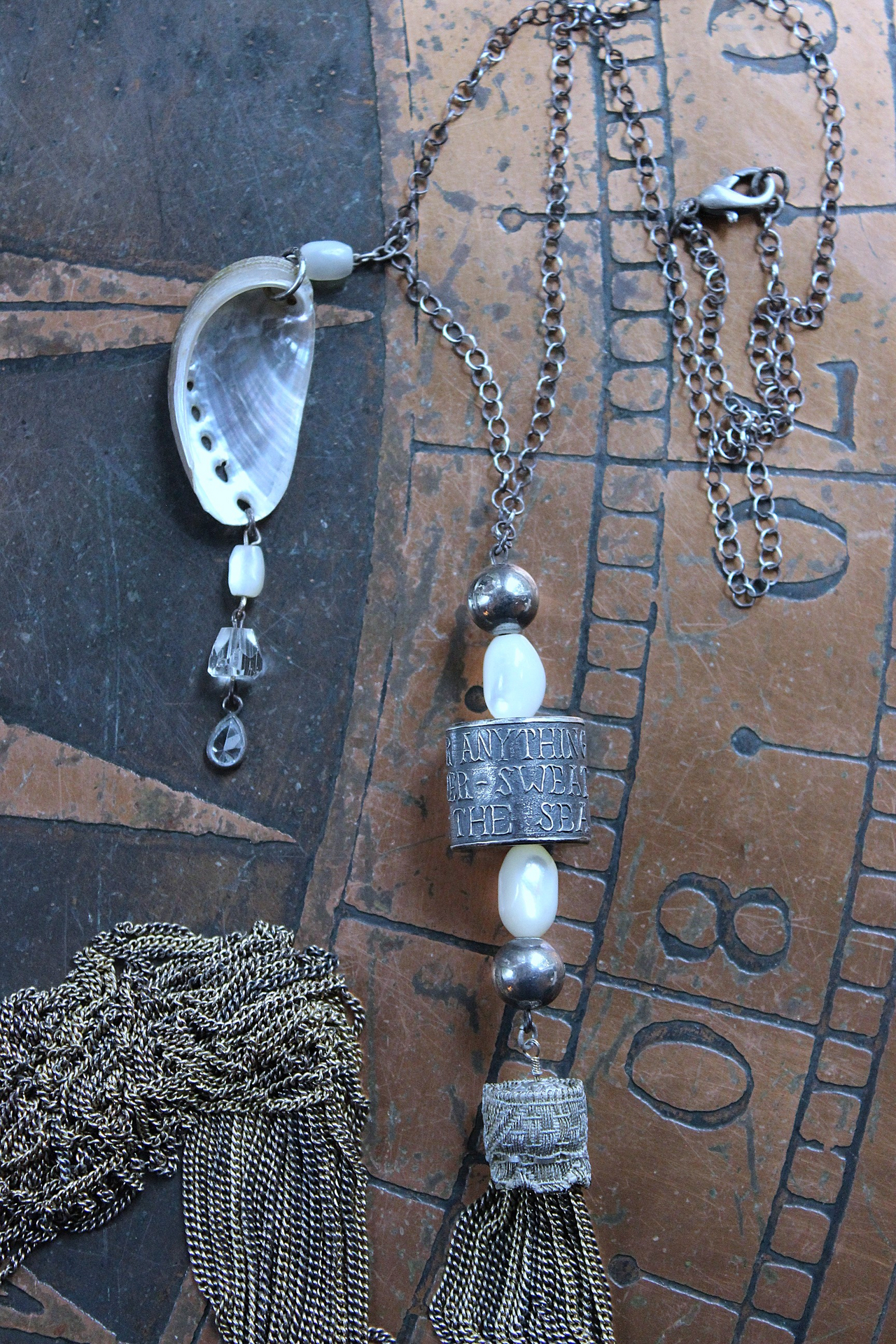 NEW! The Cure for Anything Necklace with Rare Anne Choi Sterling Bead, Multi Chain Tassel, Faceted White Topaz Tear Drop & Tiny Abalone Shell