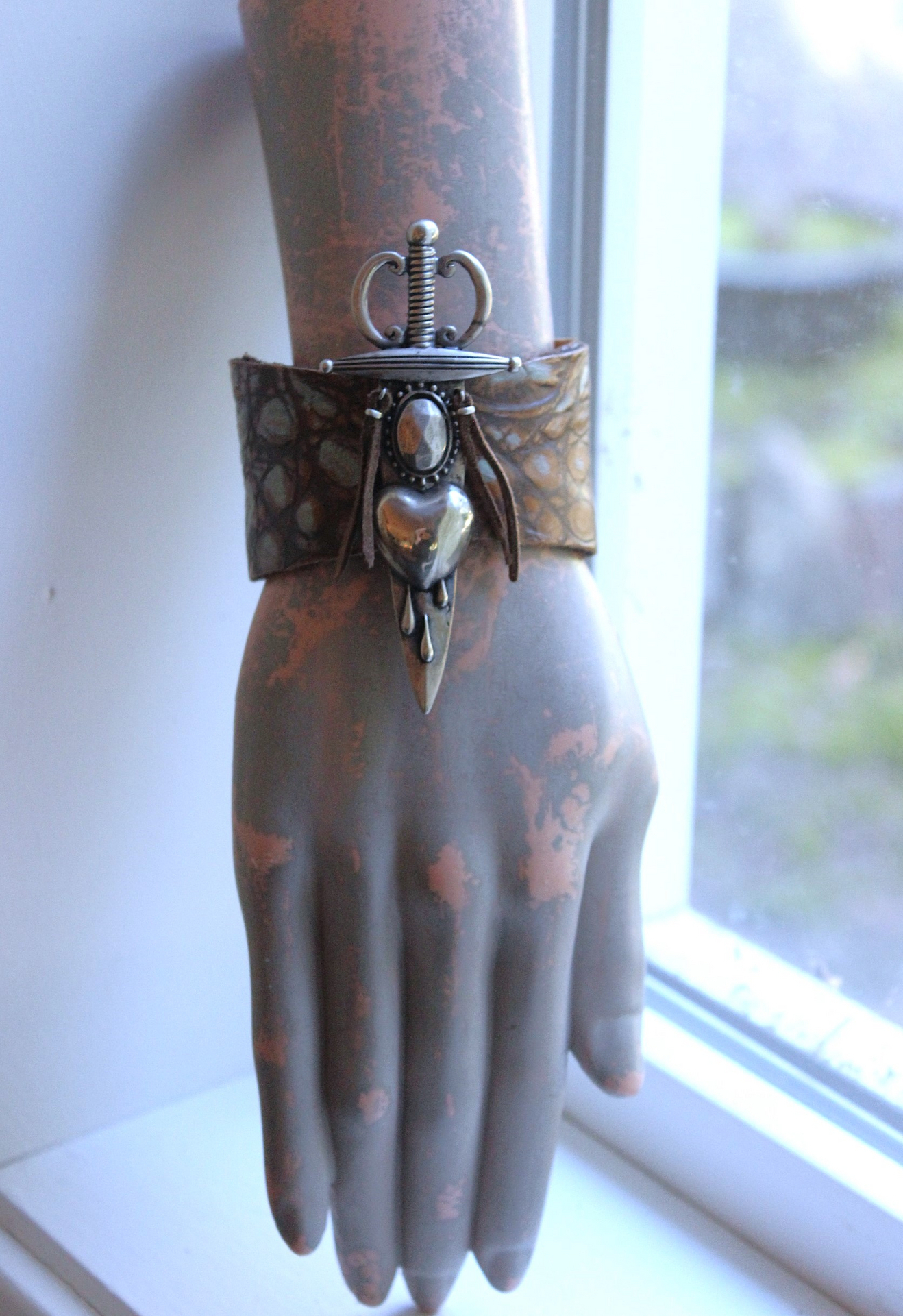 NEW! The Light Necklace & Cuff Bracelet Set with Sterling Belcher Chain, Unique Leather Cuff & Tassel, Two Wounded Heart Medals