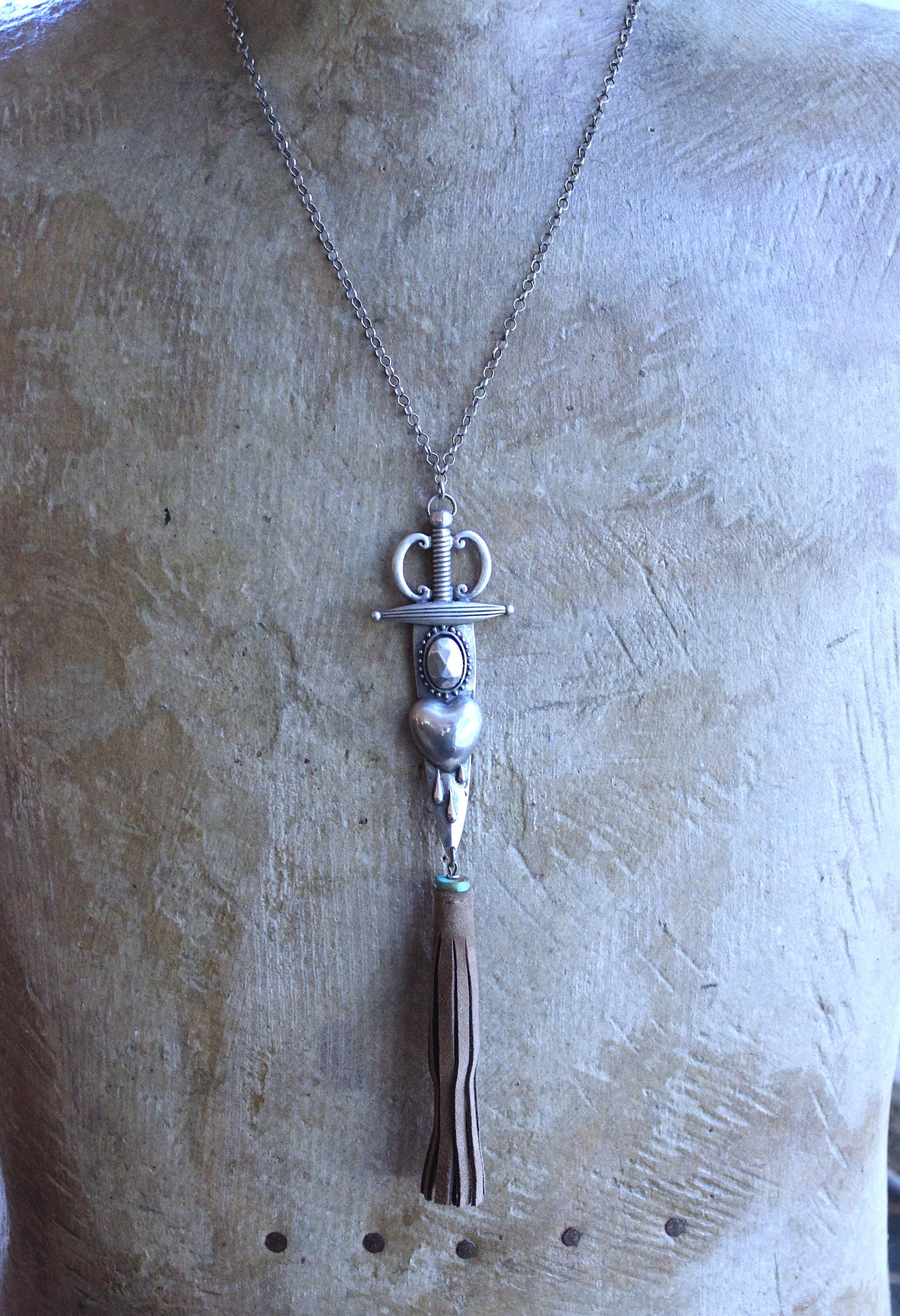 NEW! The Light Necklace & Cuff Bracelet Set with Sterling Belcher Chain, Unique Leather Cuff & Tassel, Two Wounded Heart Medals