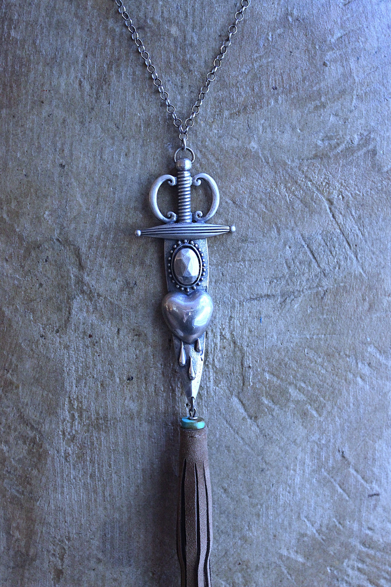 NEW! The Light Necklace & Cuff Bracelet Set with Sterling Belcher Chain, Unique Leather Cuff & Tassel, Two Wounded Heart Medals