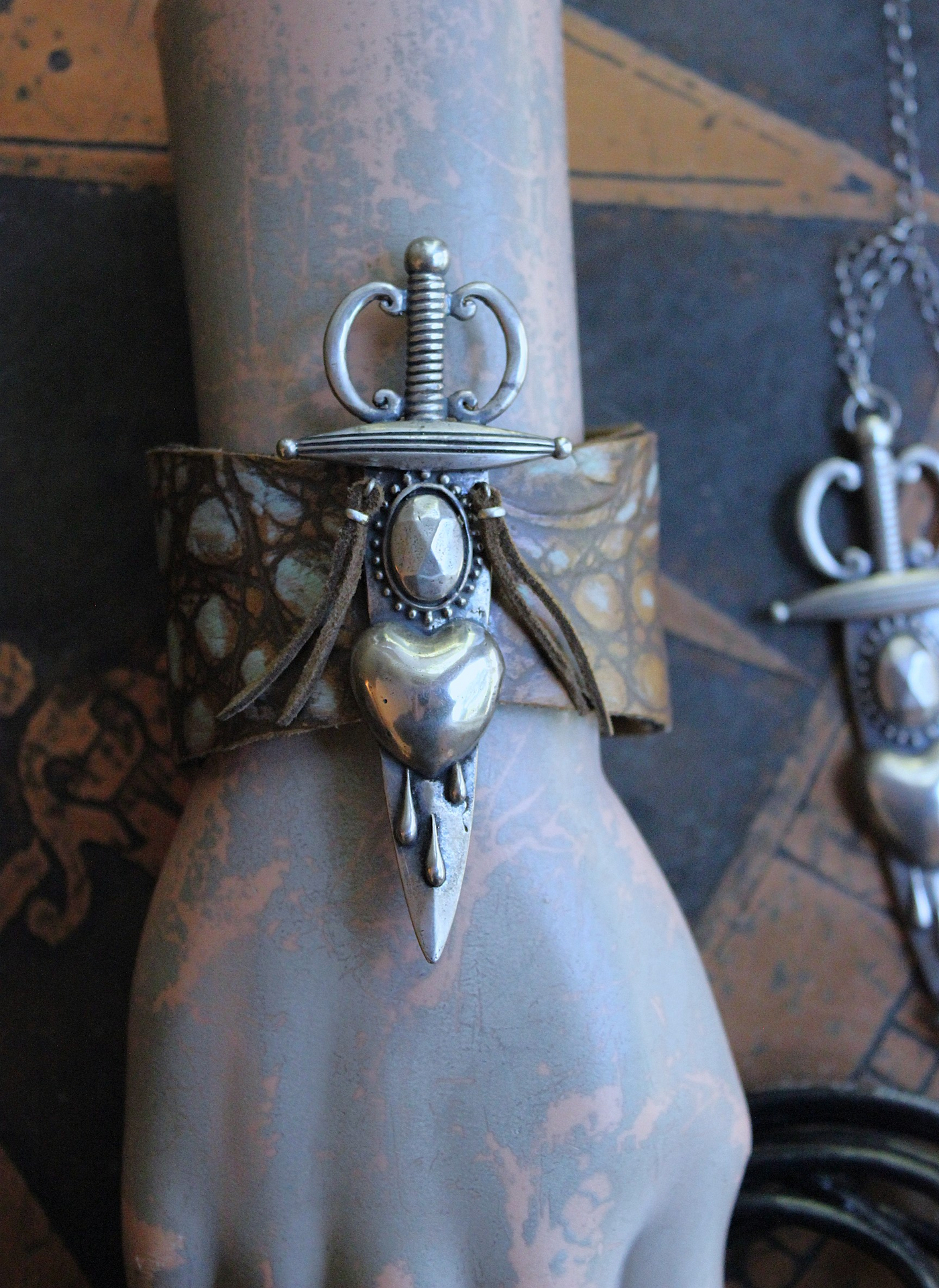 NEW! The Light Necklace & Cuff Bracelet Set with Sterling Belcher Chain, Unique Leather Cuff & Tassel, Two Wounded Heart Medals