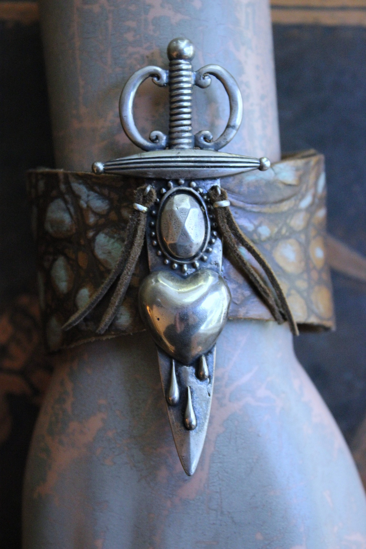 NEW! The Light Necklace & Cuff Bracelet Set with Sterling Belcher Chain, Unique Leather Cuff & Tassel, Two Wounded Heart Medals