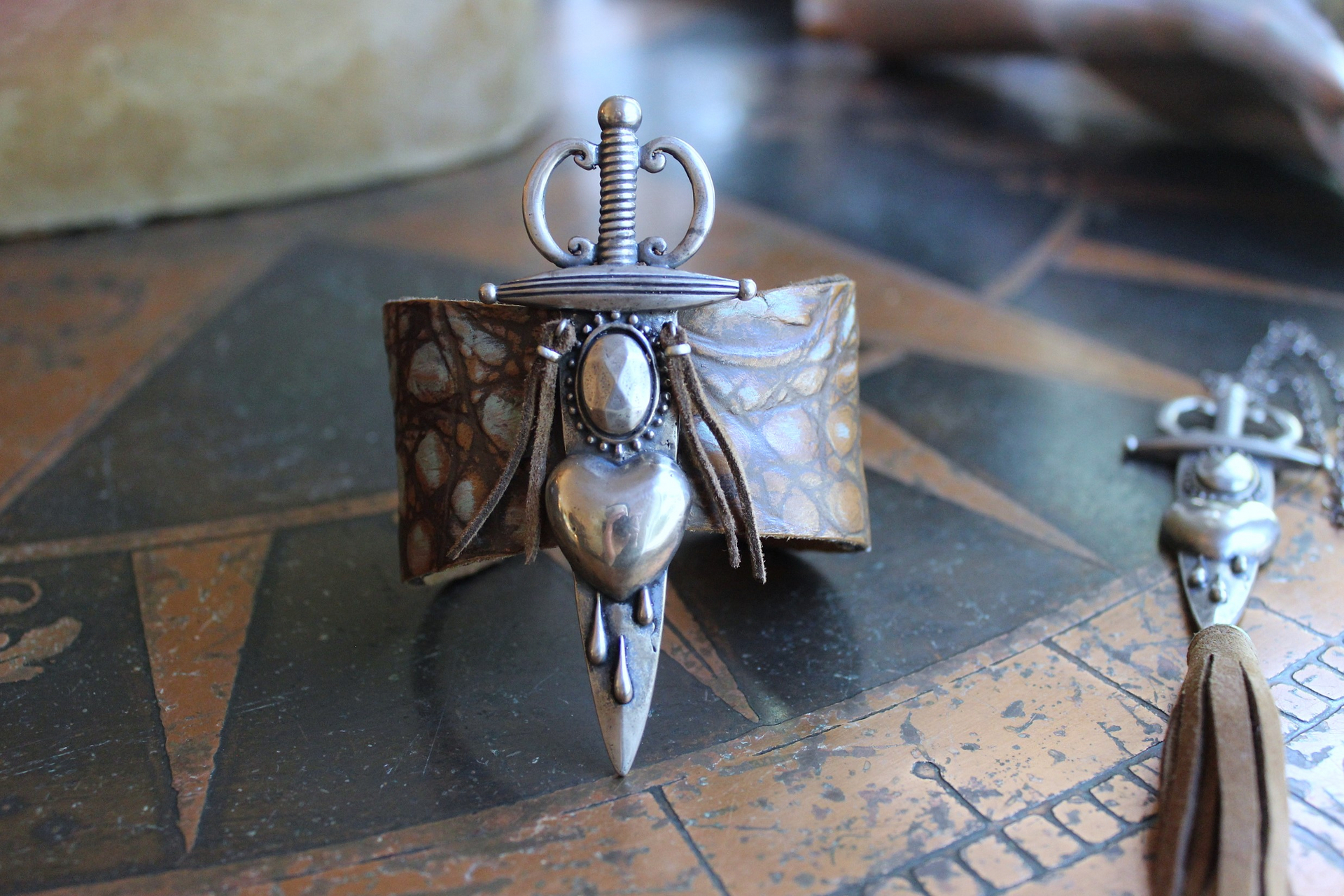 NEW! The Light Necklace & Cuff Bracelet Set with Sterling Belcher Chain, Unique Leather Cuff & Tassel, Two Wounded Heart Medals