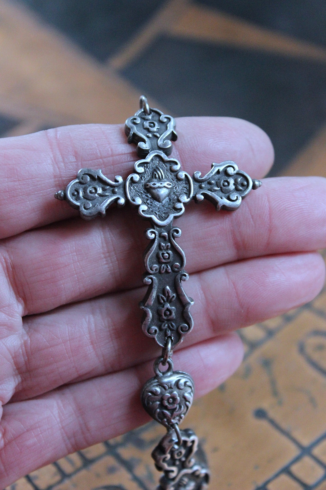 NEW! Flaming Sacred Heart Cross & Puffy Heart Bracelet 