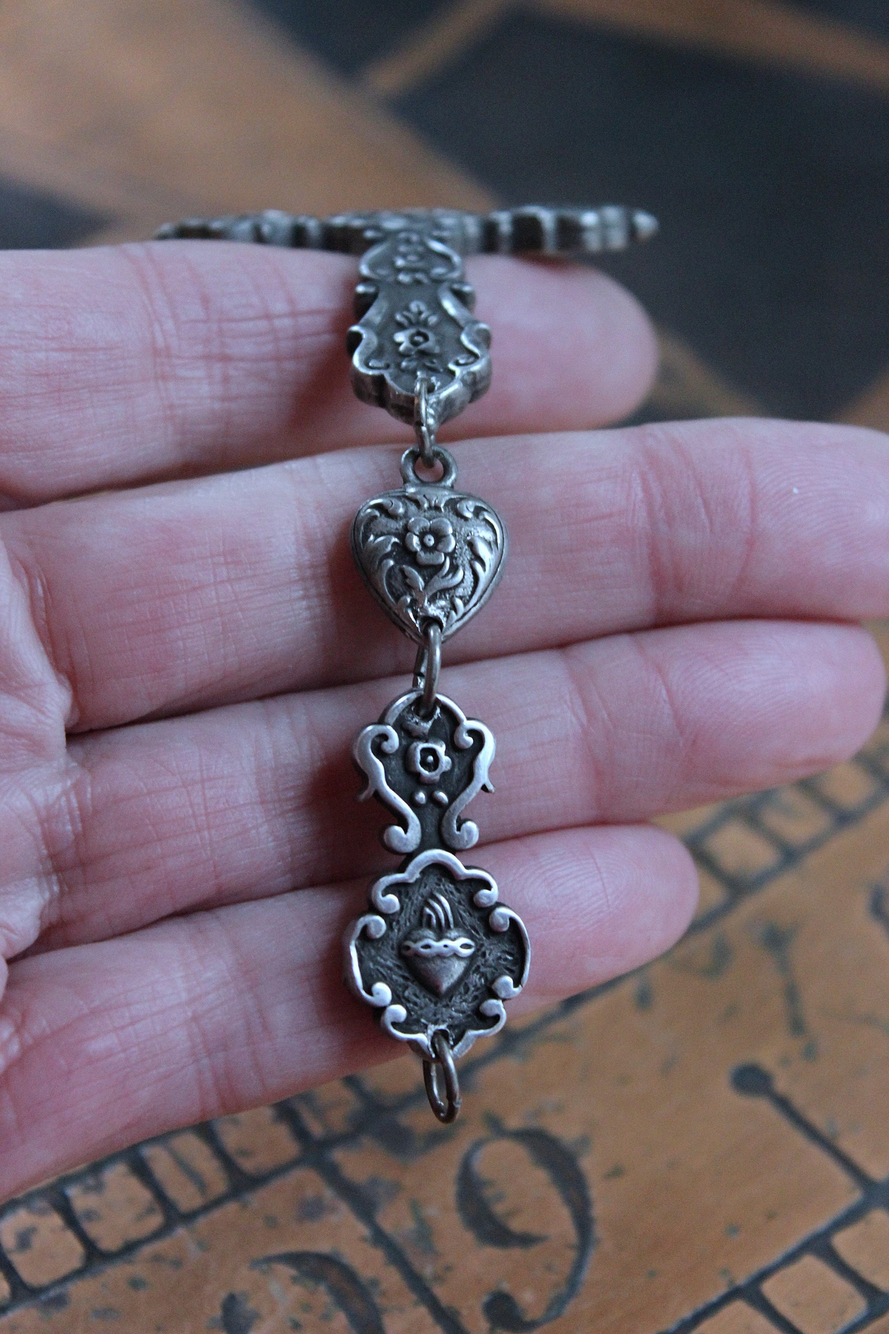 NEW! Flaming Sacred Heart Cross & Puffy Heart Bracelet 