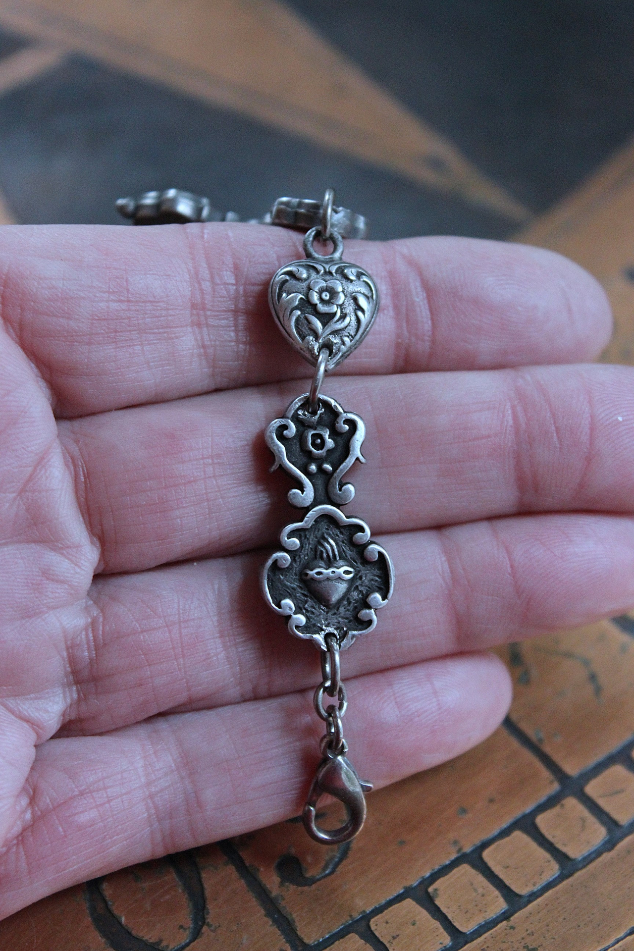 NEW! Flaming Sacred Heart Cross & Puffy Heart Bracelet 