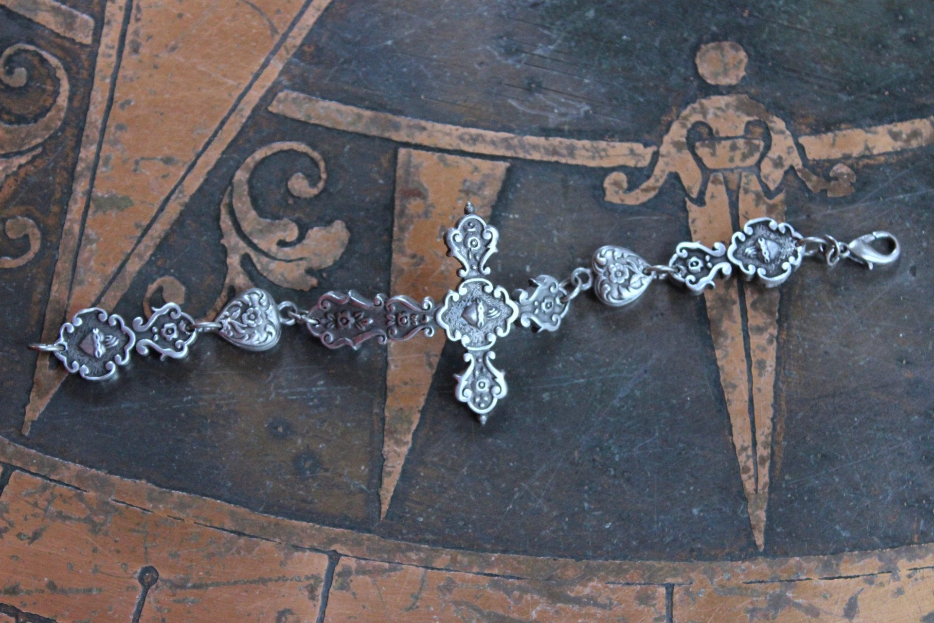 NEW! Flaming Sacred Heart Cross & Puffy Heart Bracelet 