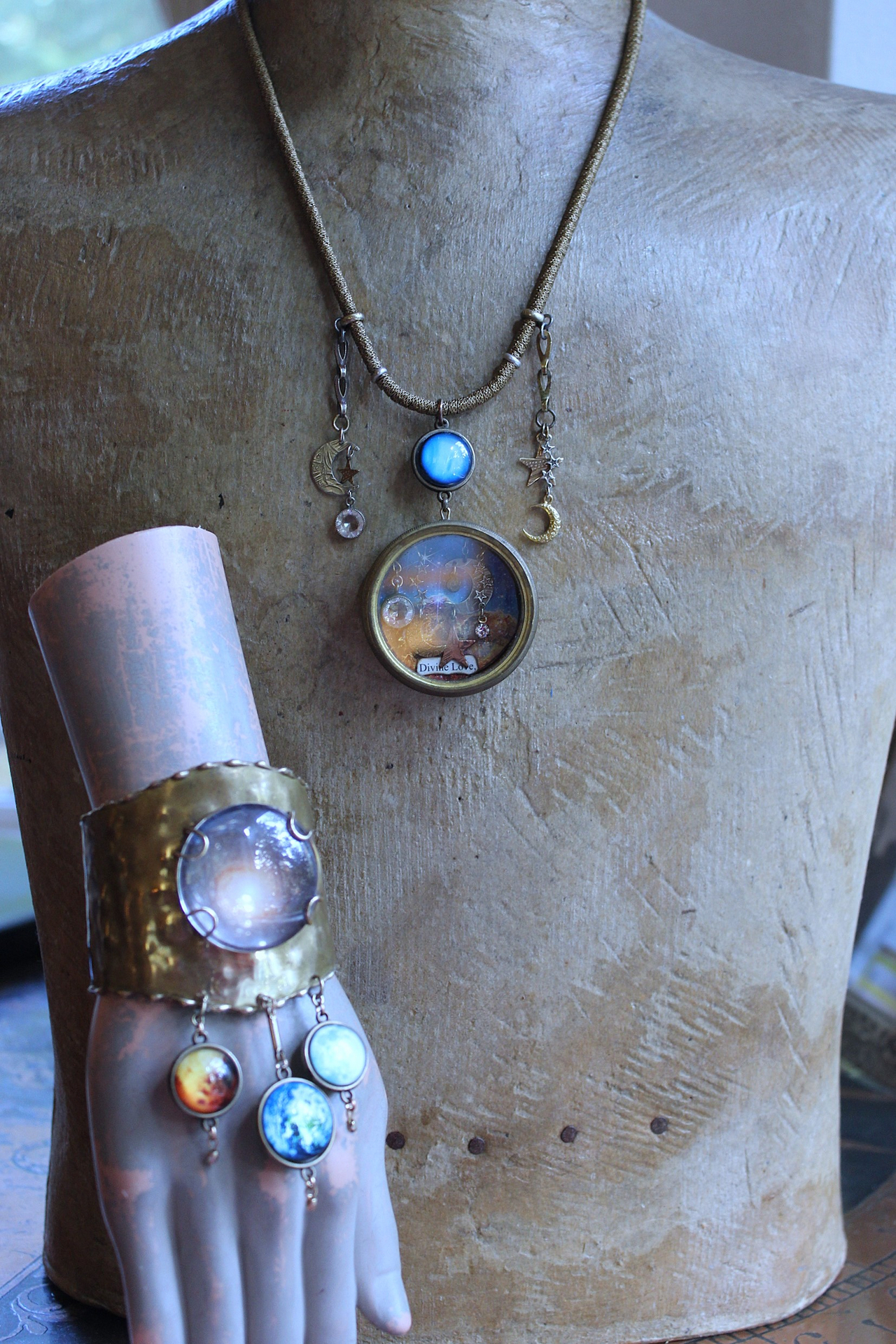NEW! Divine Love Bracelet & Necklace Set with Antique Watch Case Cosmic Diorama, Glass Orb Earth, Moon & Sun and More!