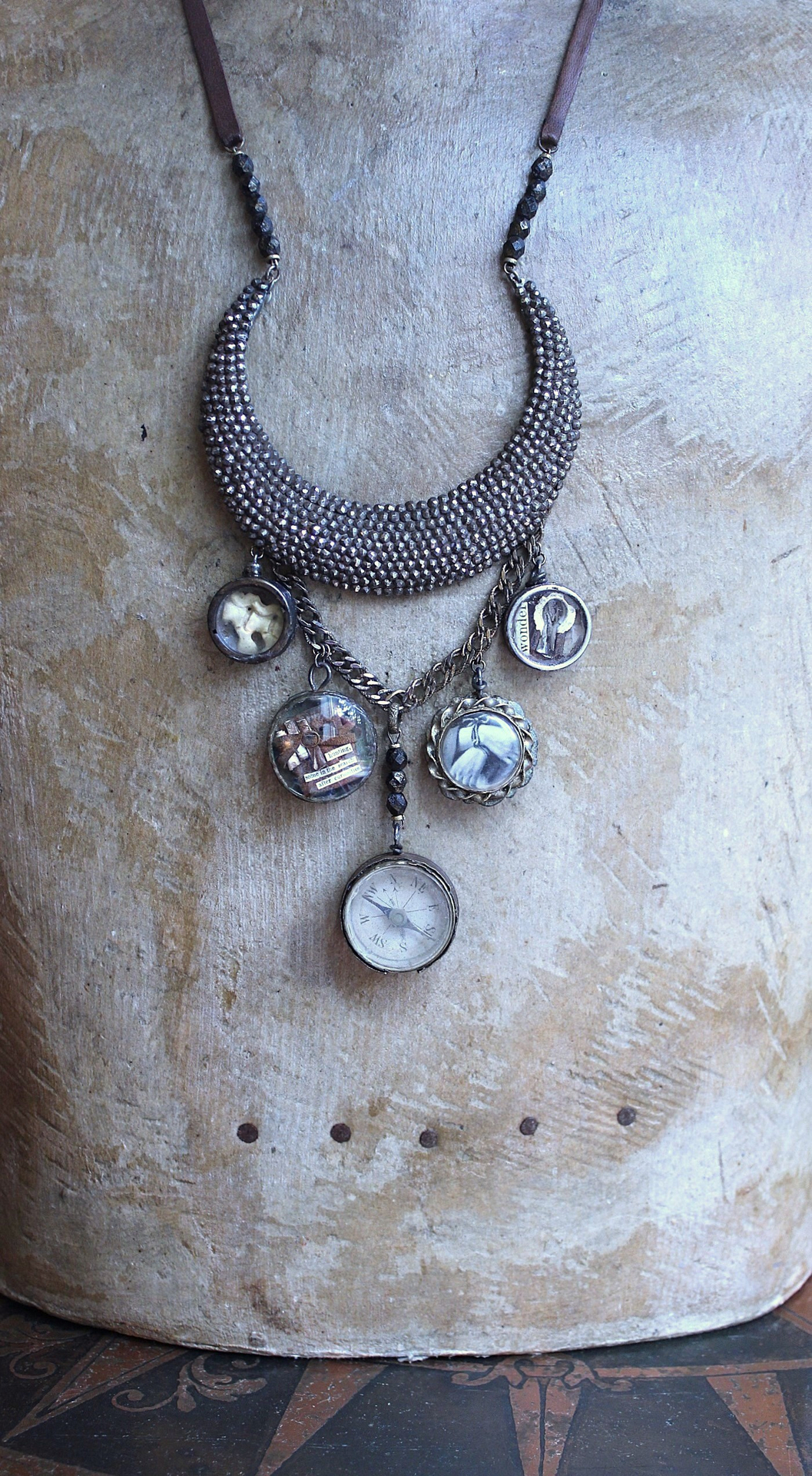 NEW! The Art of Becoming Necklace with Rare Antique Faceted Cut Steel Crescent Moon, Antique Compass & 4 Unique Antique Dangles