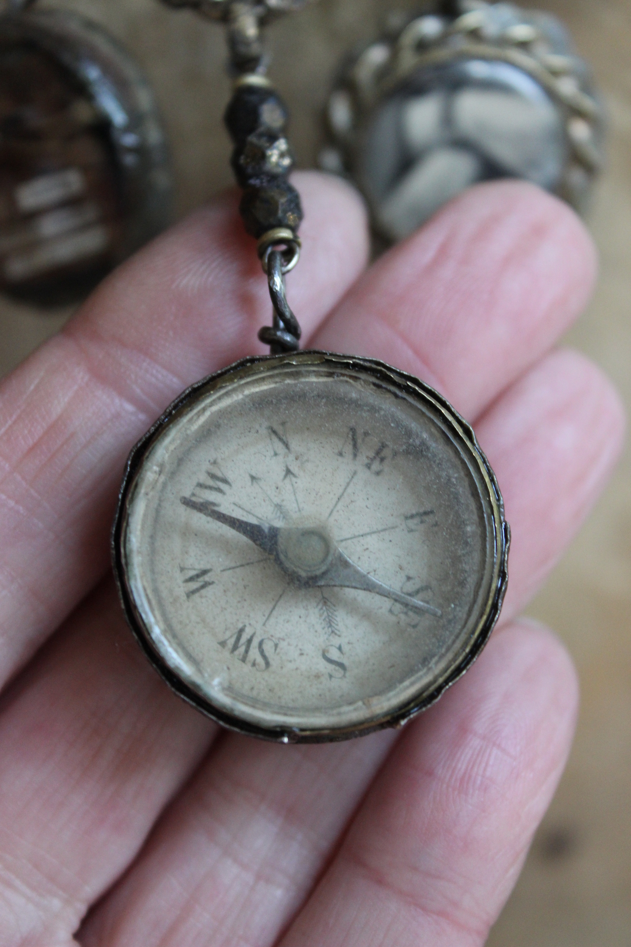 NEW! The Art of Becoming Necklace with Rare Antique Faceted Cut Steel Crescent Moon, Antique Compass & 4 Unique Antique Dangles