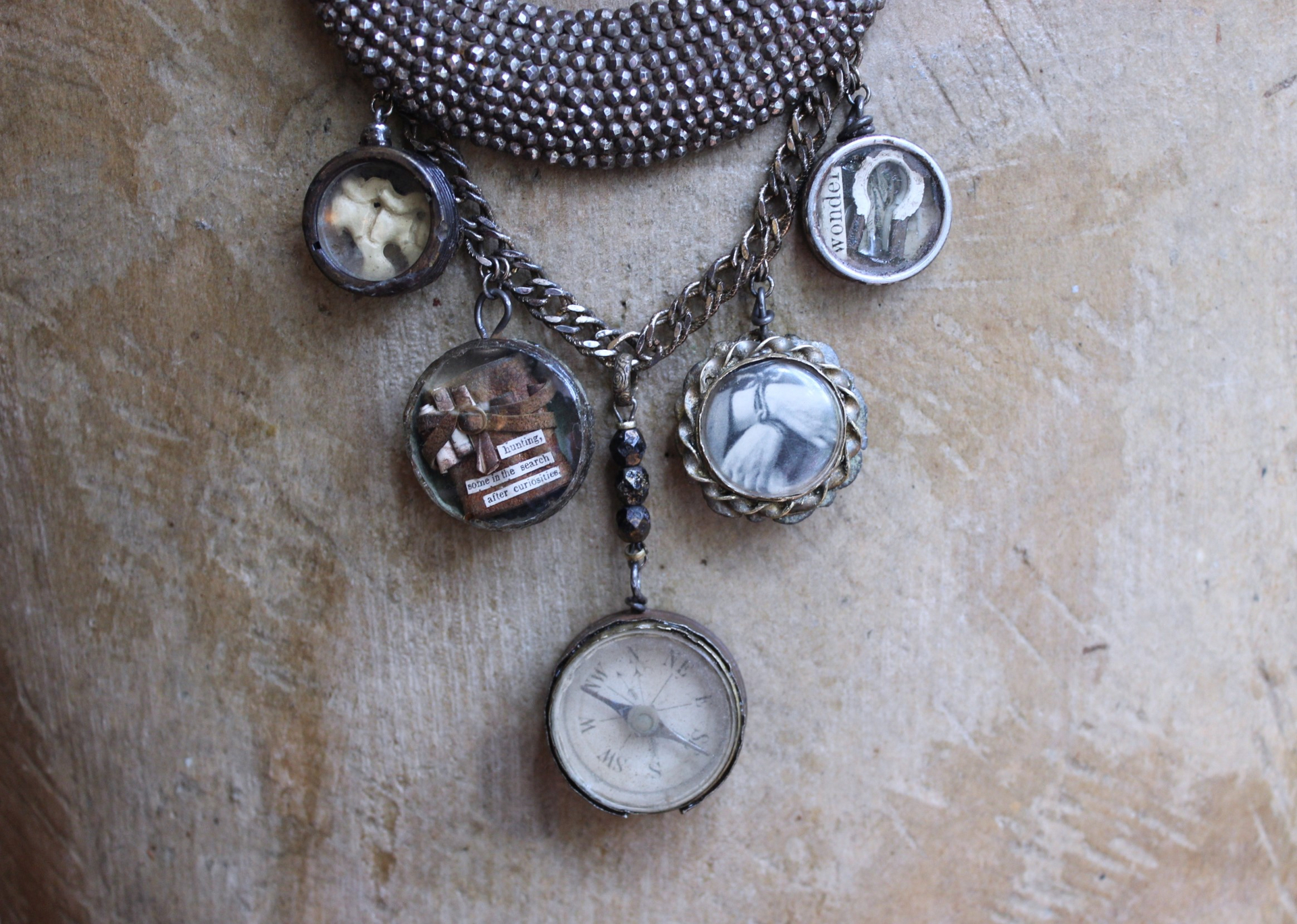 NEW! The Art of Becoming Necklace with Rare Antique Faceted Cut Steel Crescent Moon, Antique Compass & 4 Unique Antique Dangles