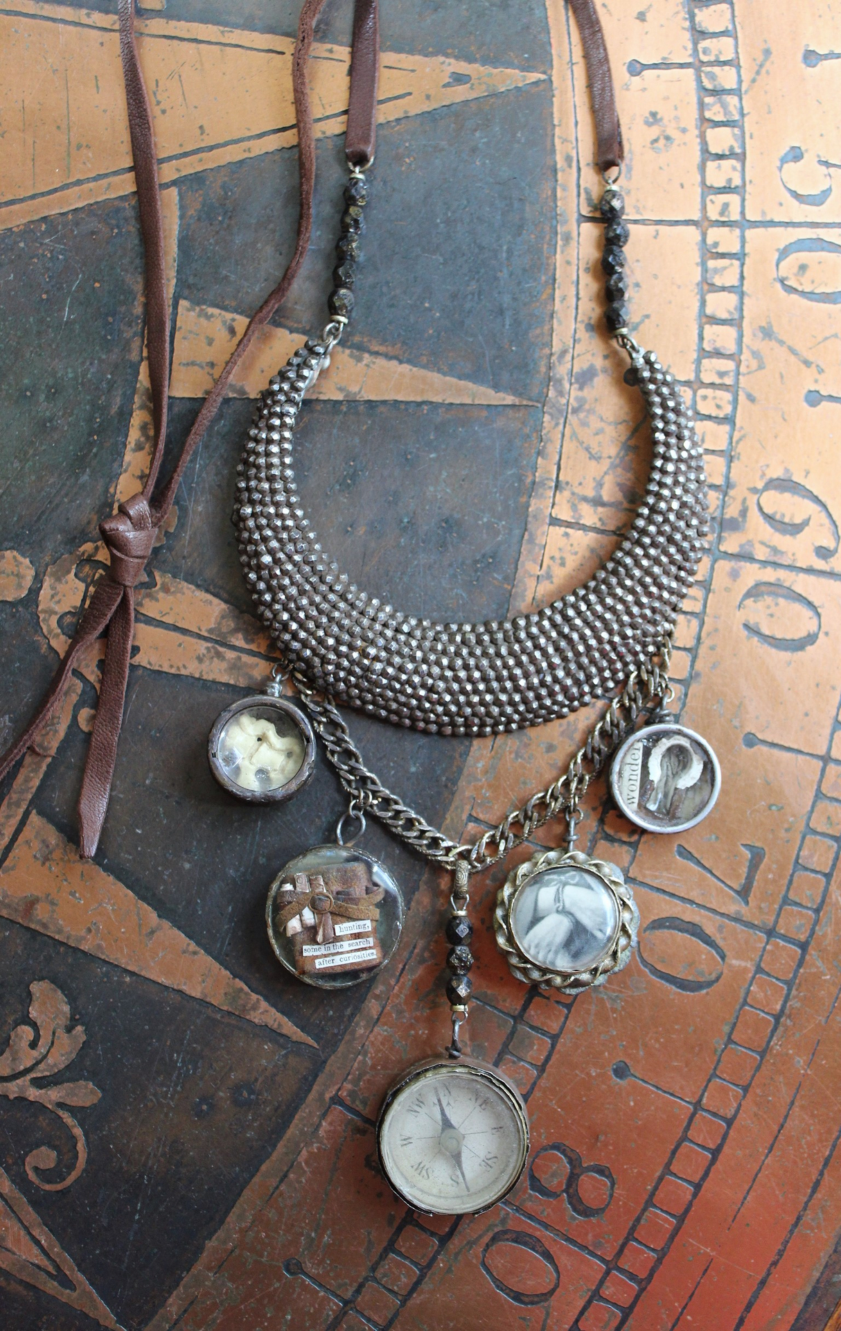 NEW! The Art of Becoming Necklace with Rare Antique Faceted Cut Steel Crescent Moon, Antique Compass & 4 Unique Antique Dangles