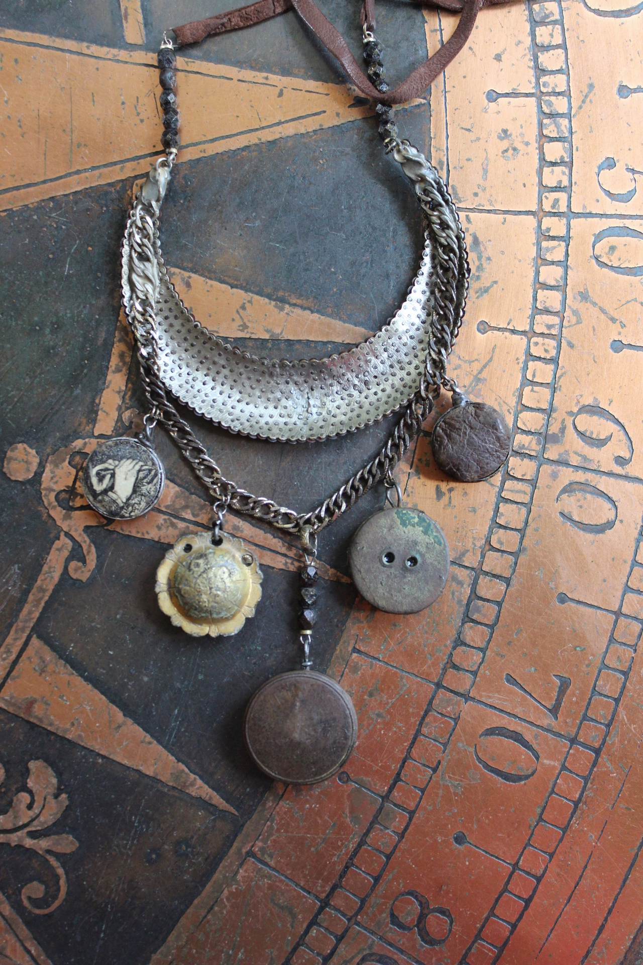 NEW! The Art of Becoming Necklace with Rare Antique Faceted Cut Steel Crescent Moon, Antique Compass & 4 Unique Antique Dangles